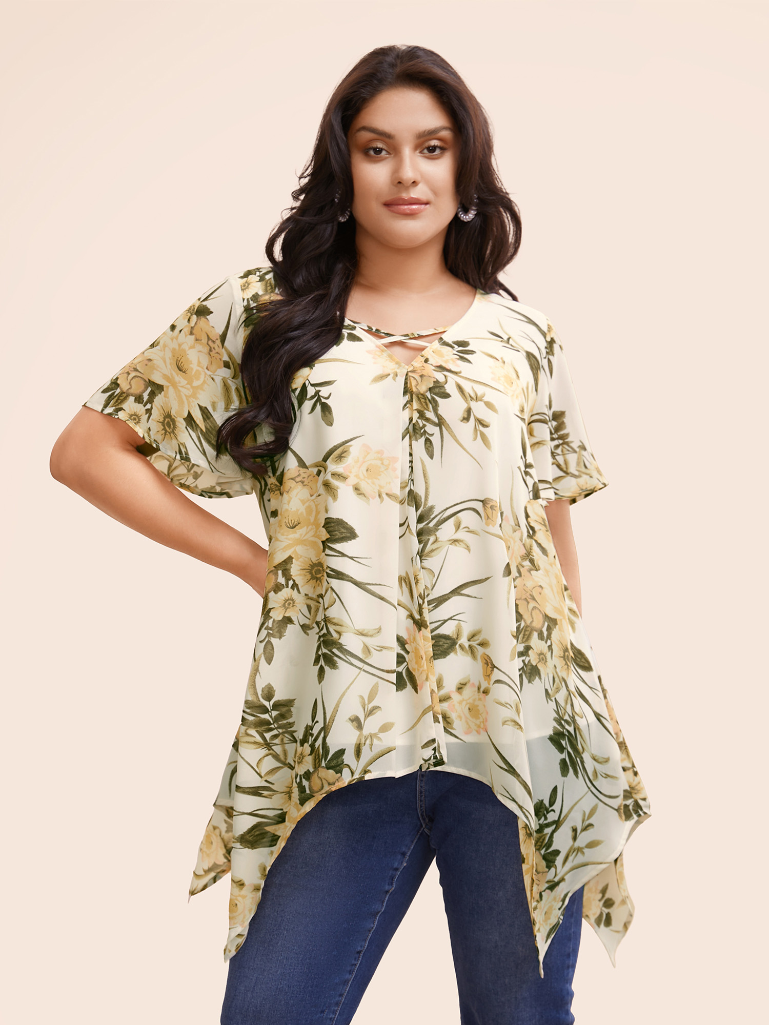 

Plus Size Ivory Chiffon Floral Crisscross Hanky Hem Blouse Women Elegant Short sleeve V-neck Everyday Blouses BloomChic