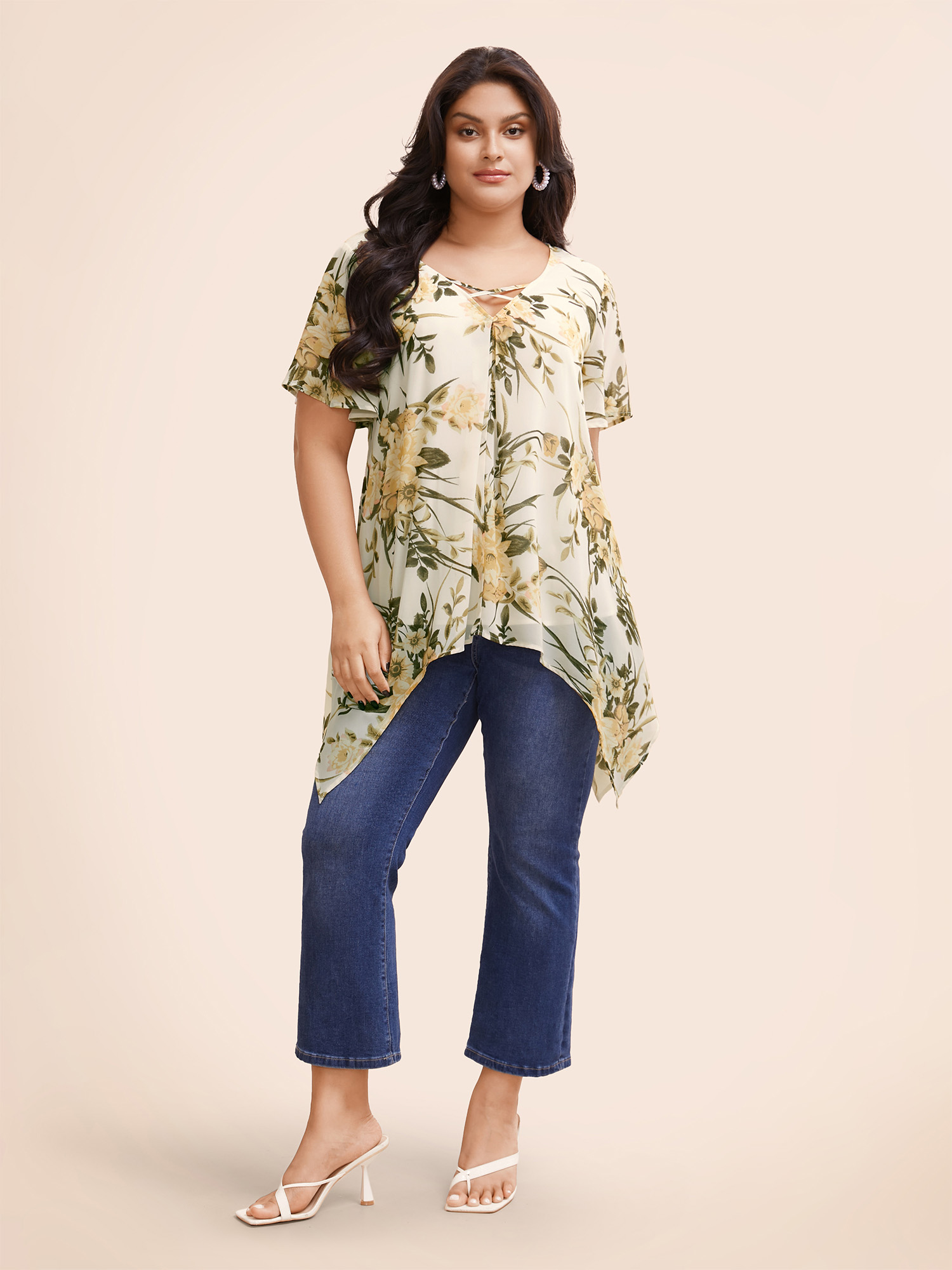 

Plus Size Ivory Chiffon Floral Crisscross Hanky Hem Blouse Women Elegant Short sleeve V-neck Everyday Blouses BloomChic