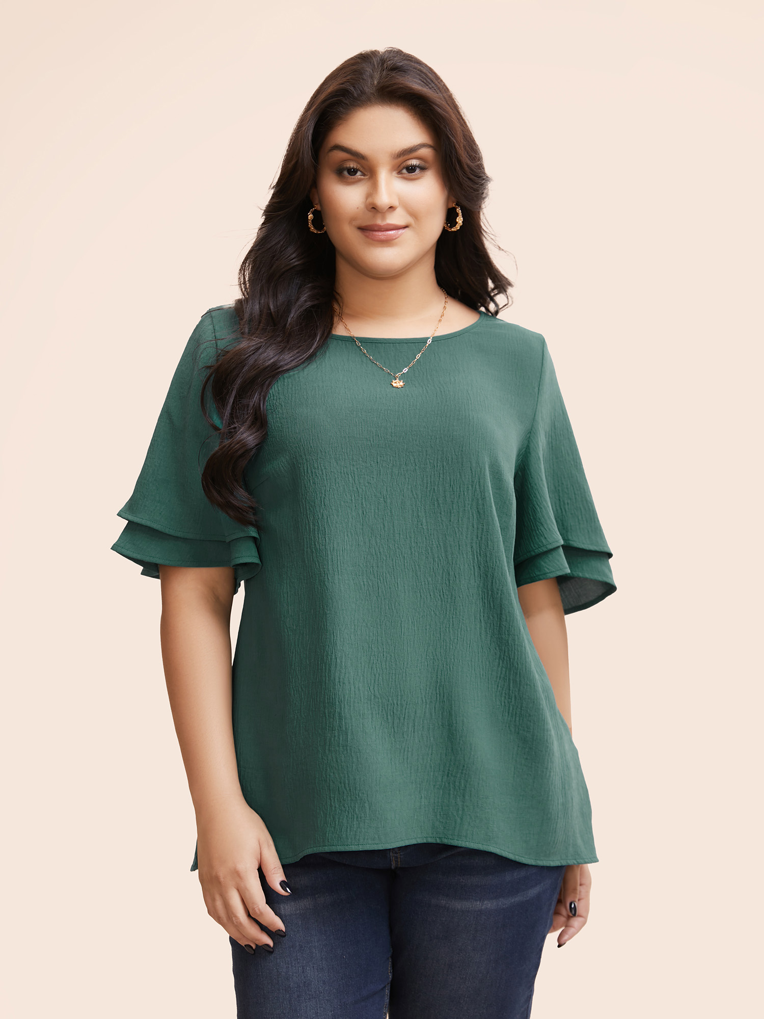 

Plus Size Emerald Solid Tiered Ruffles Split Hem Blouse Women Elegant Half Sleeve Boat Neck Everyday Blouses BloomChic