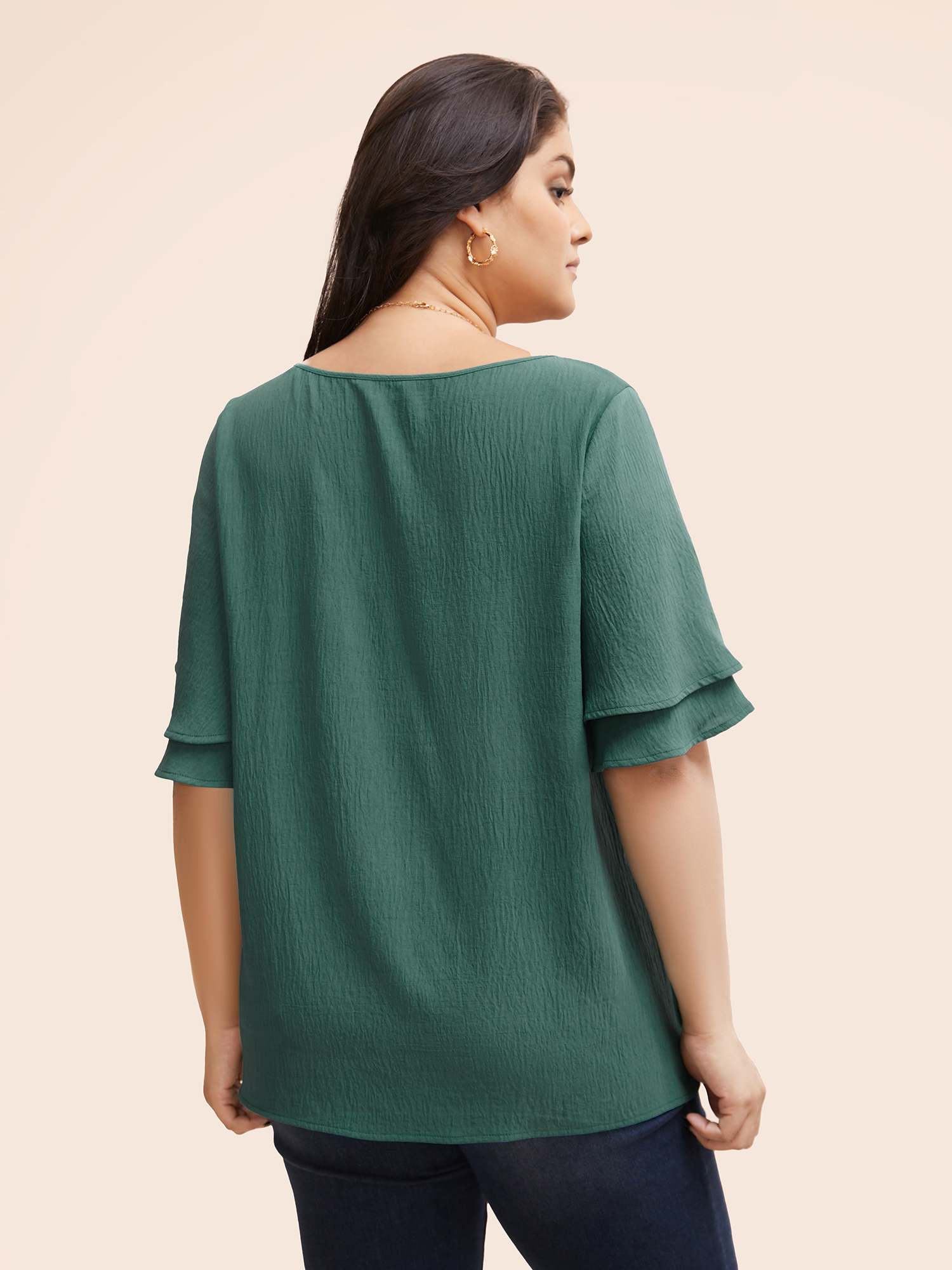 

Plus Size Emerald Solid Tiered Ruffles Split Hem Blouse Women Elegant Half Sleeve Boat Neck Everyday Blouses BloomChic