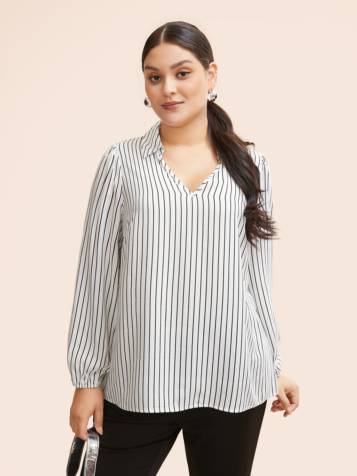 

Plus Size WhiteSmoke Striped Lapel Collar Lantern Sleeve Blouse Women Workwear Essentials Long Sleeve V-neck Work Blouses BloomChic