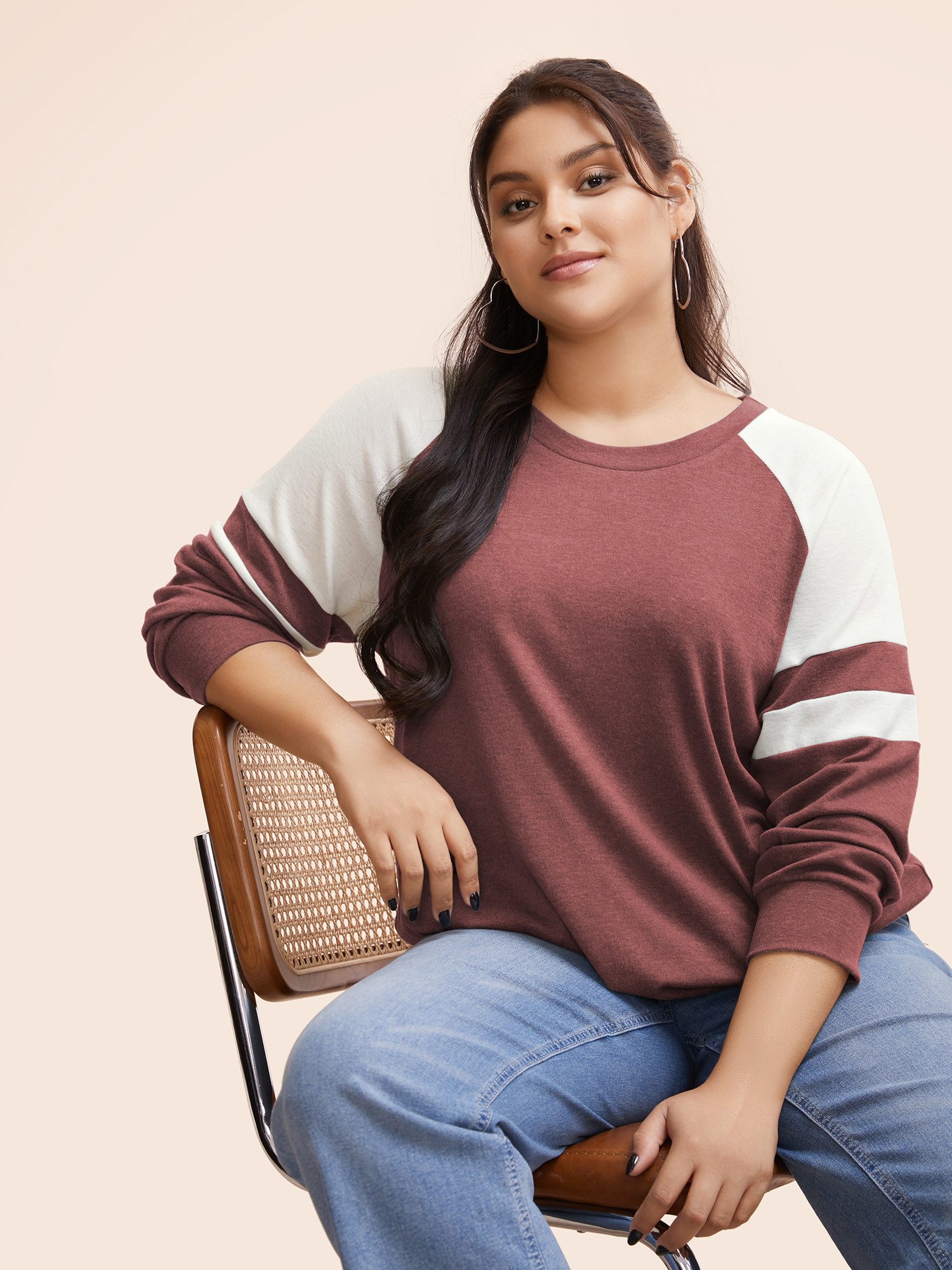 

Plus Size Colorblock Contrast Stitch Raglan Sleeve T-shirt Russet Women Casual Elastic cuffs Striped Round Neck Dailywear T-shirts BloomChic