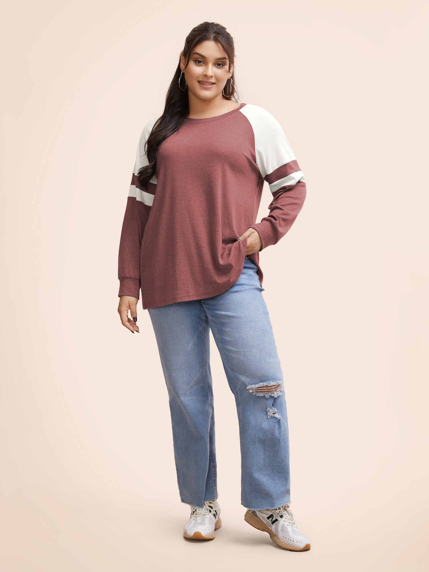 

Plus Size Colorblock Contrast Stitch Raglan Sleeve T-shirt Russet Women Casual Elastic cuffs Striped Round Neck Dailywear T-shirts BloomChic