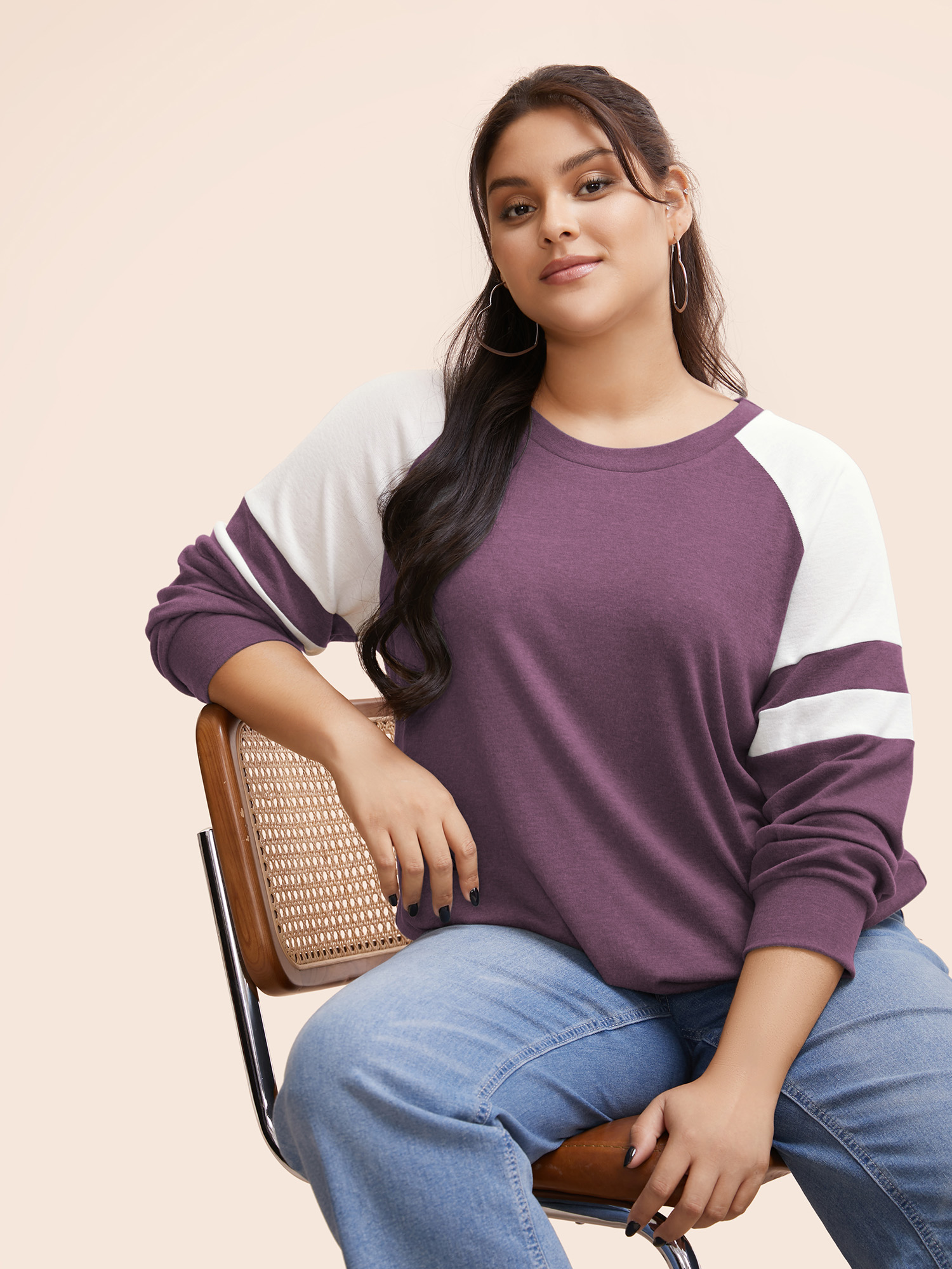 

Plus Size Colorblock Contrast Stitch Raglan Sleeve T-shirt Mauve Women Casual Elastic cuffs Striped Round Neck Dailywear T-shirts BloomChic