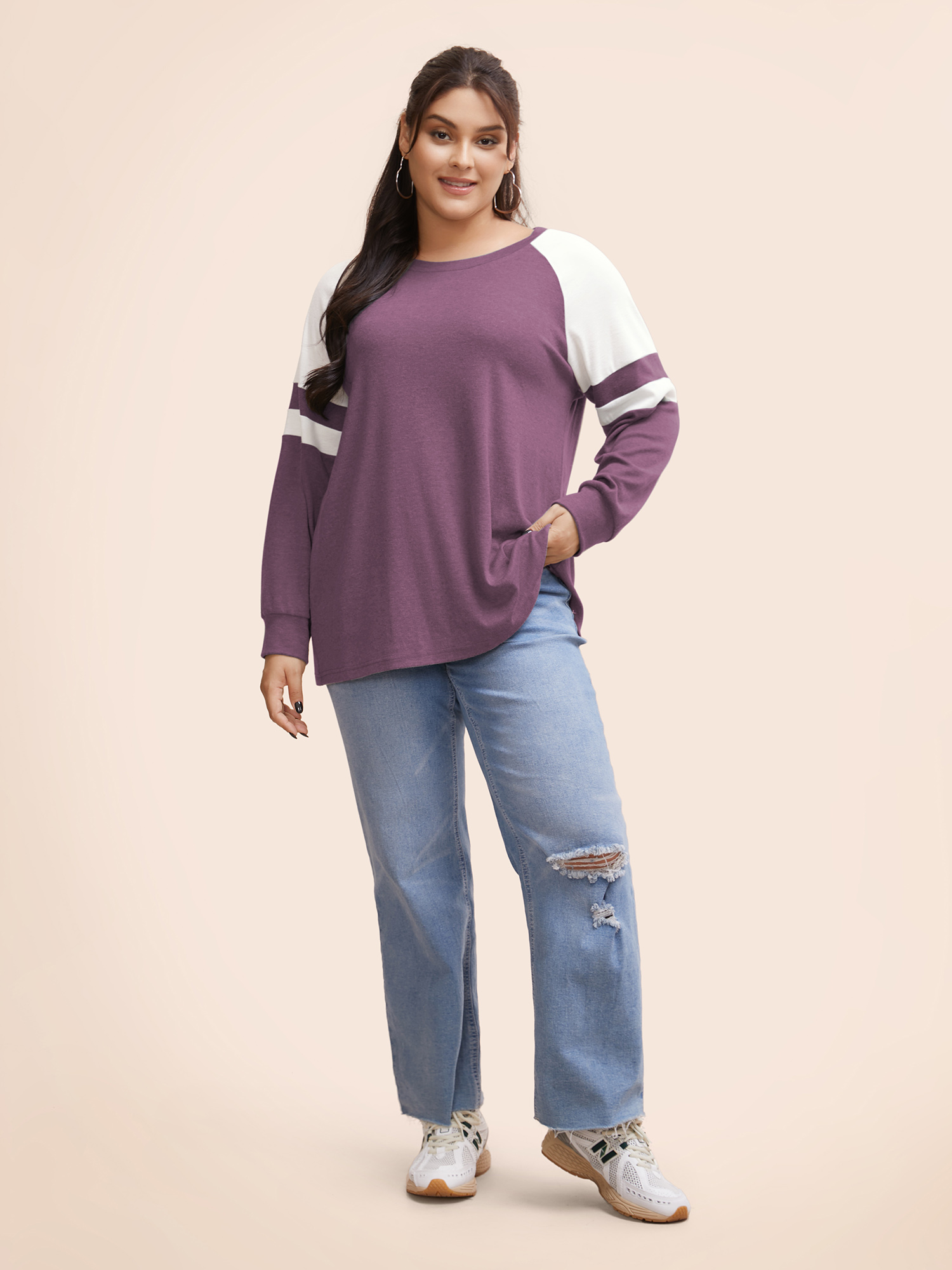 

Plus Size Colorblock Contrast Stitch Raglan Sleeve T-shirt Mauve Women Casual Elastic cuffs Striped Round Neck Dailywear T-shirts BloomChic