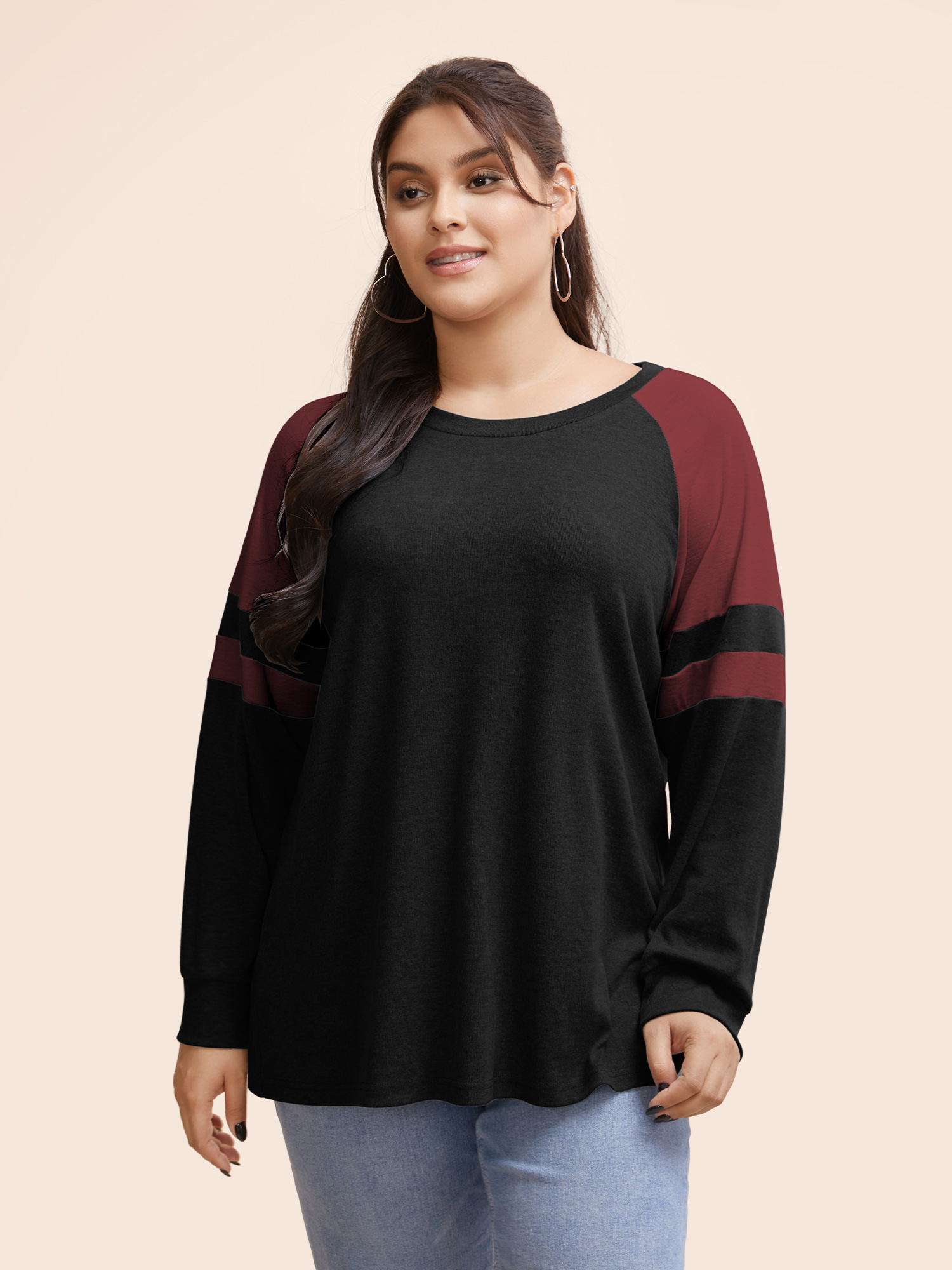 

Plus Size Colorblock Contrast Stitch Raglan Sleeve T-shirt Black Women Casual Elastic cuffs Striped Round Neck Dailywear T-shirts BloomChic