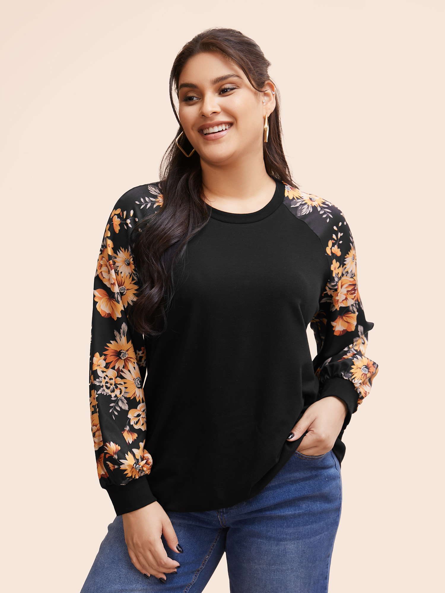 

Plus Size Halloween Floral Patchwork Print Raglan Sleeve Sweatshirt Women Black Casual Elastic cuffs Round Neck Festival-Halloween Sweatshirts BloomChic