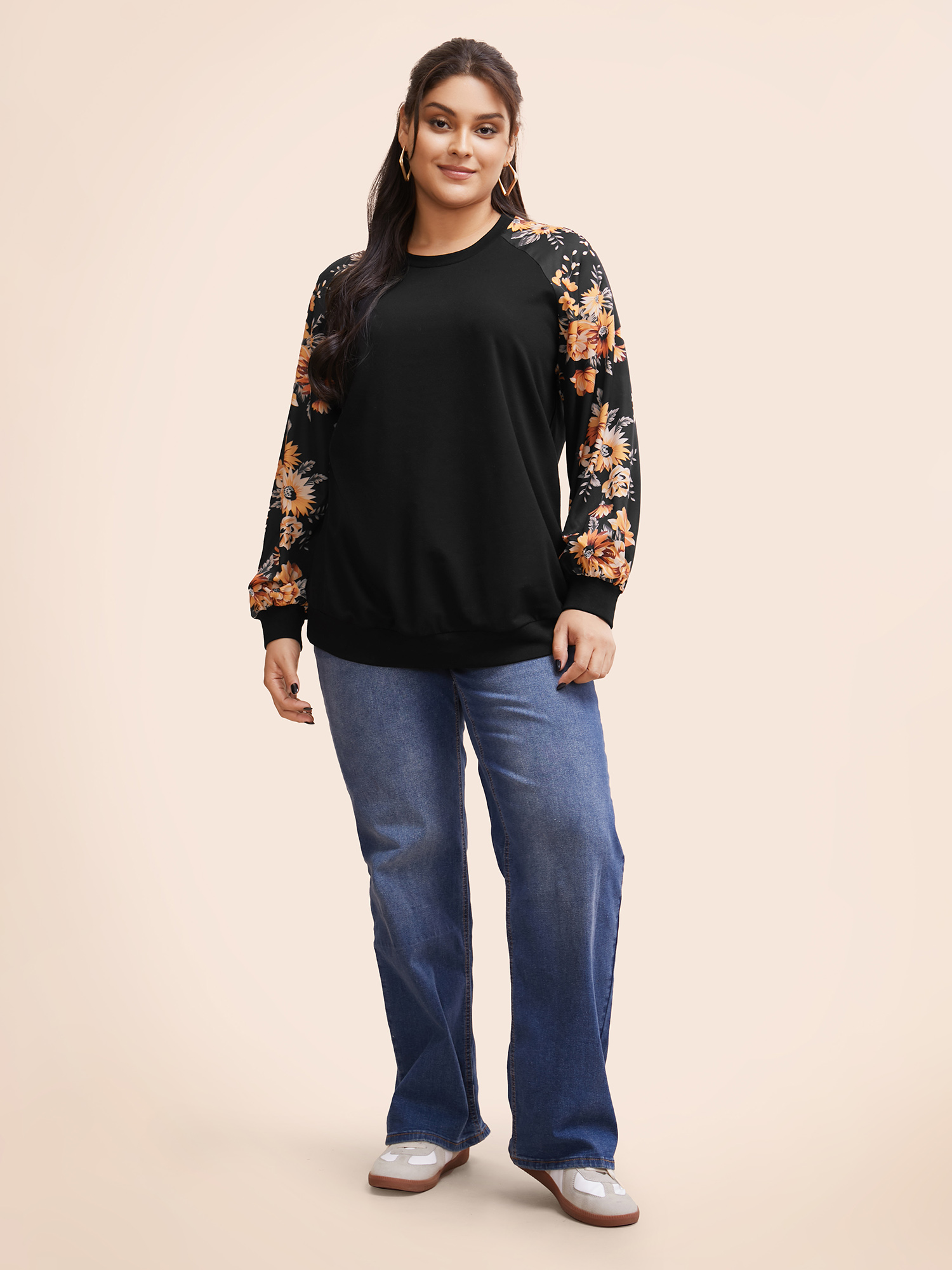 Plus Size Women Festival-Halloween Floral Elastic cuffs Regular Raglan sleeve Long Sleeve Round Neck Casual Sweatshirts BloomChic 
