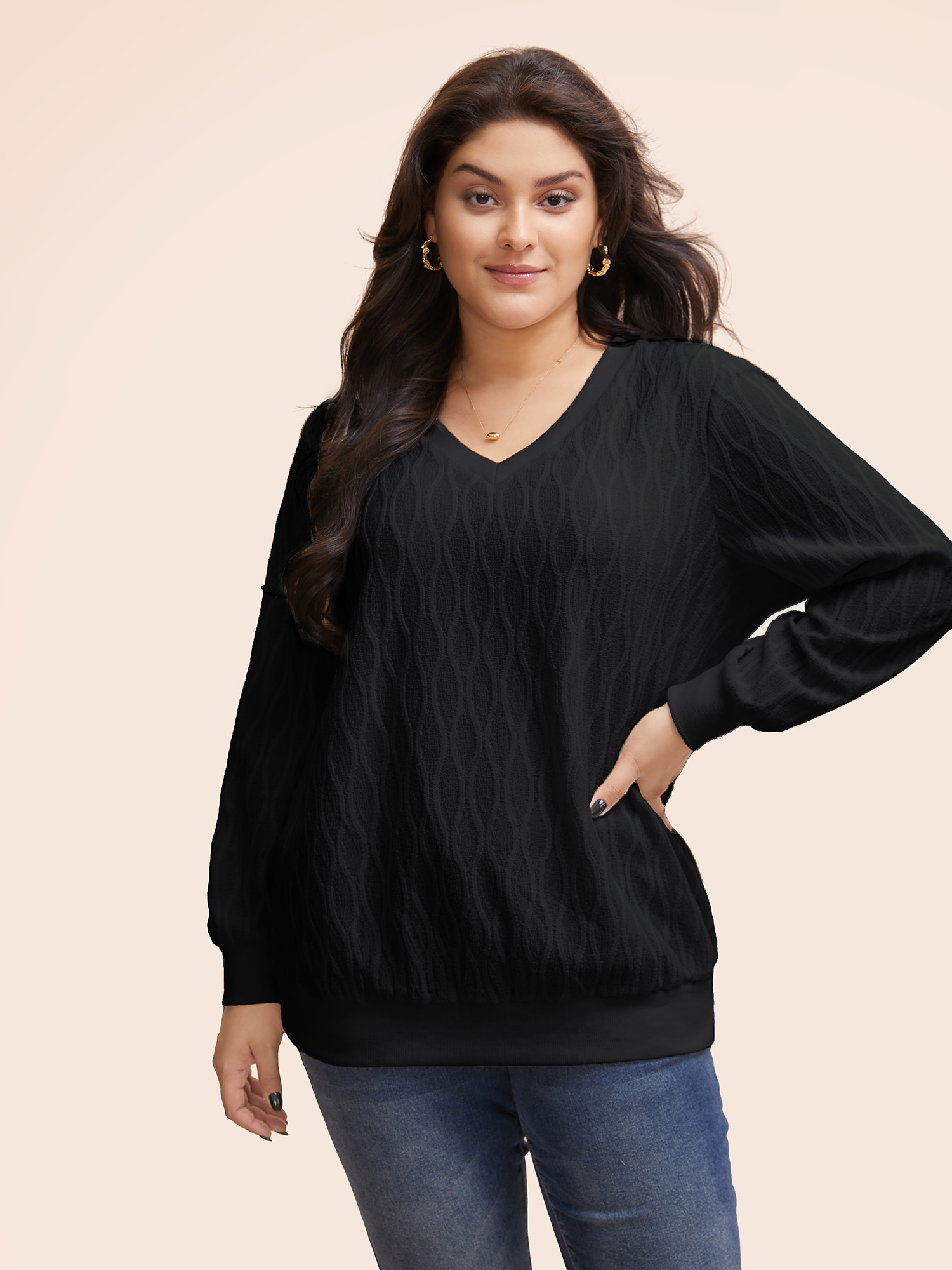 

Plus Size Rib Knit Plain Elastic Cuffs Sweatshirt Women Black Elegant Non V-neck Everyday Sweatshirts BloomChic