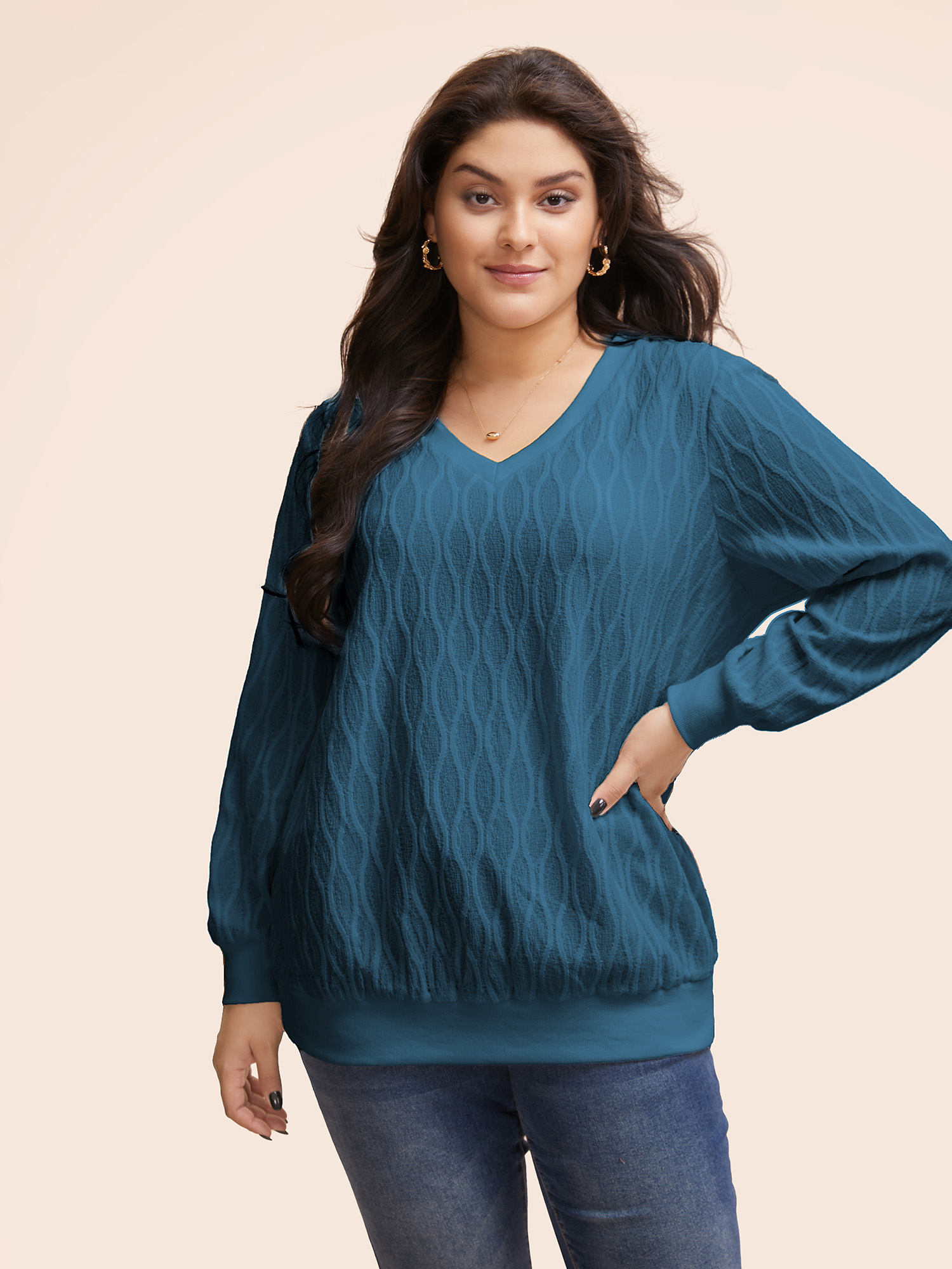 

Plus Size Rib Knit Plain Elastic Cuffs Sweatshirt Women Blue Elegant Non V-neck Everyday Sweatshirts BloomChic