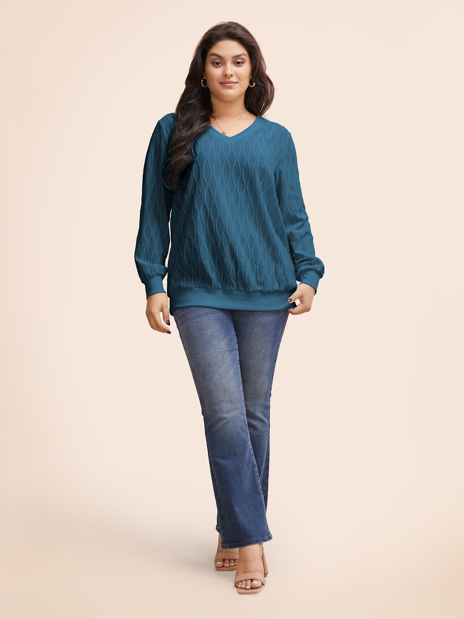 Plus Size Rib Knit Plain Elastic Cuffs Sweatshirt Women Blue Elegant Non V-neck Everyday Sweatshirts BloomChic 30/6X 