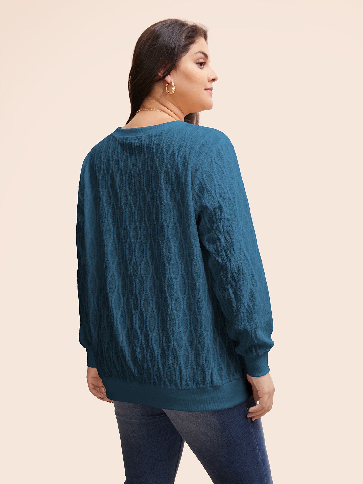 Plus Size Rib Knit Plain Elastic Cuffs Sweatshirt Women Blue Elegant Non V-neck Everyday Sweatshirts BloomChic 30/6X 