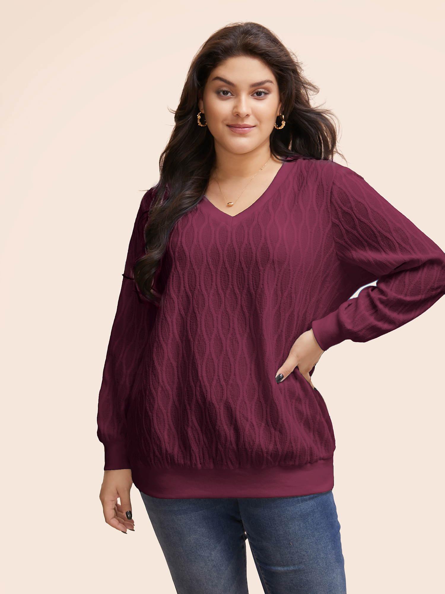 

Plus Size Rib Knit Plain Elastic Cuffs Sweatshirt Women Red Elegant Non V-neck Everyday Sweatshirts BloomChic