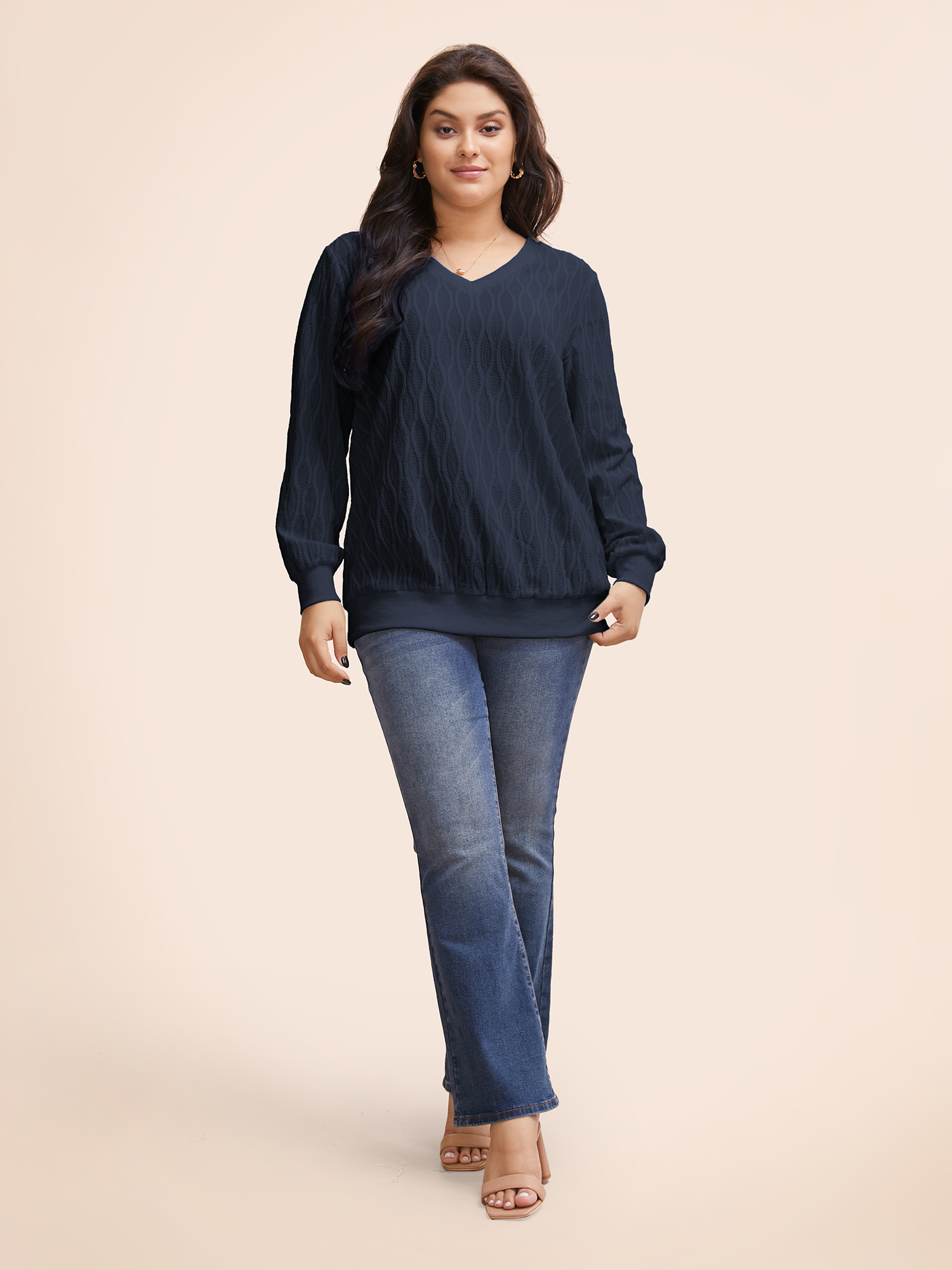 

Plus Size Rib Knit Plain Elastic Cuffs Sweatshirt Women Indigo Elegant Non V-neck Everyday Sweatshirts BloomChic