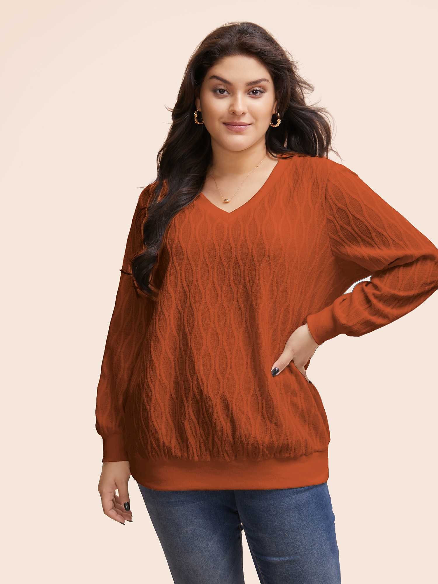 

Plus Size Rib Knit Plain Elastic Cuffs Sweatshirt Women OrangeRed Elegant Non V-neck Everyday Sweatshirts BloomChic