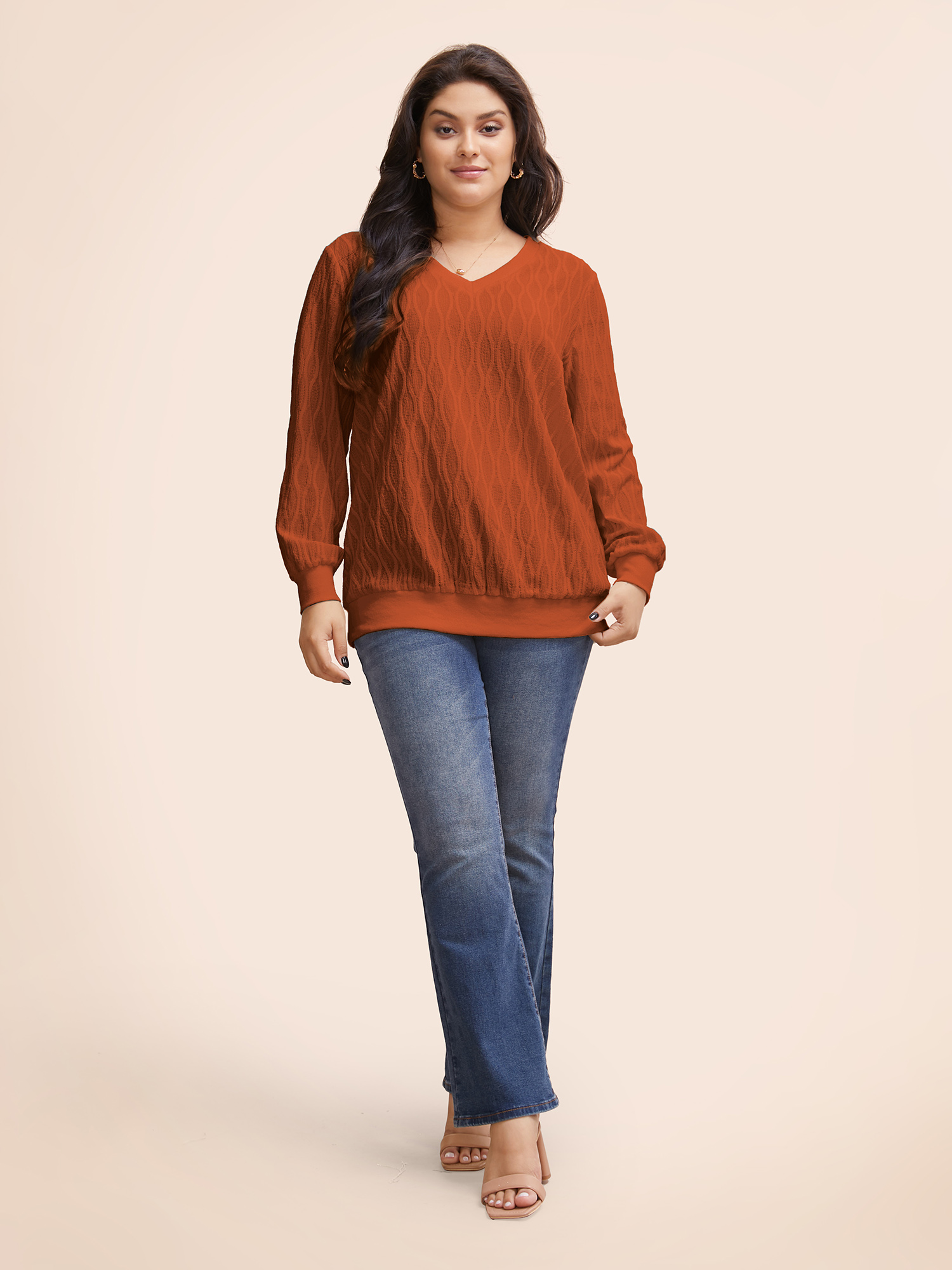 

Plus Size Rib Knit Plain Elastic Cuffs Sweatshirt Women OrangeRed Elegant Non V-neck Everyday Sweatshirts BloomChic