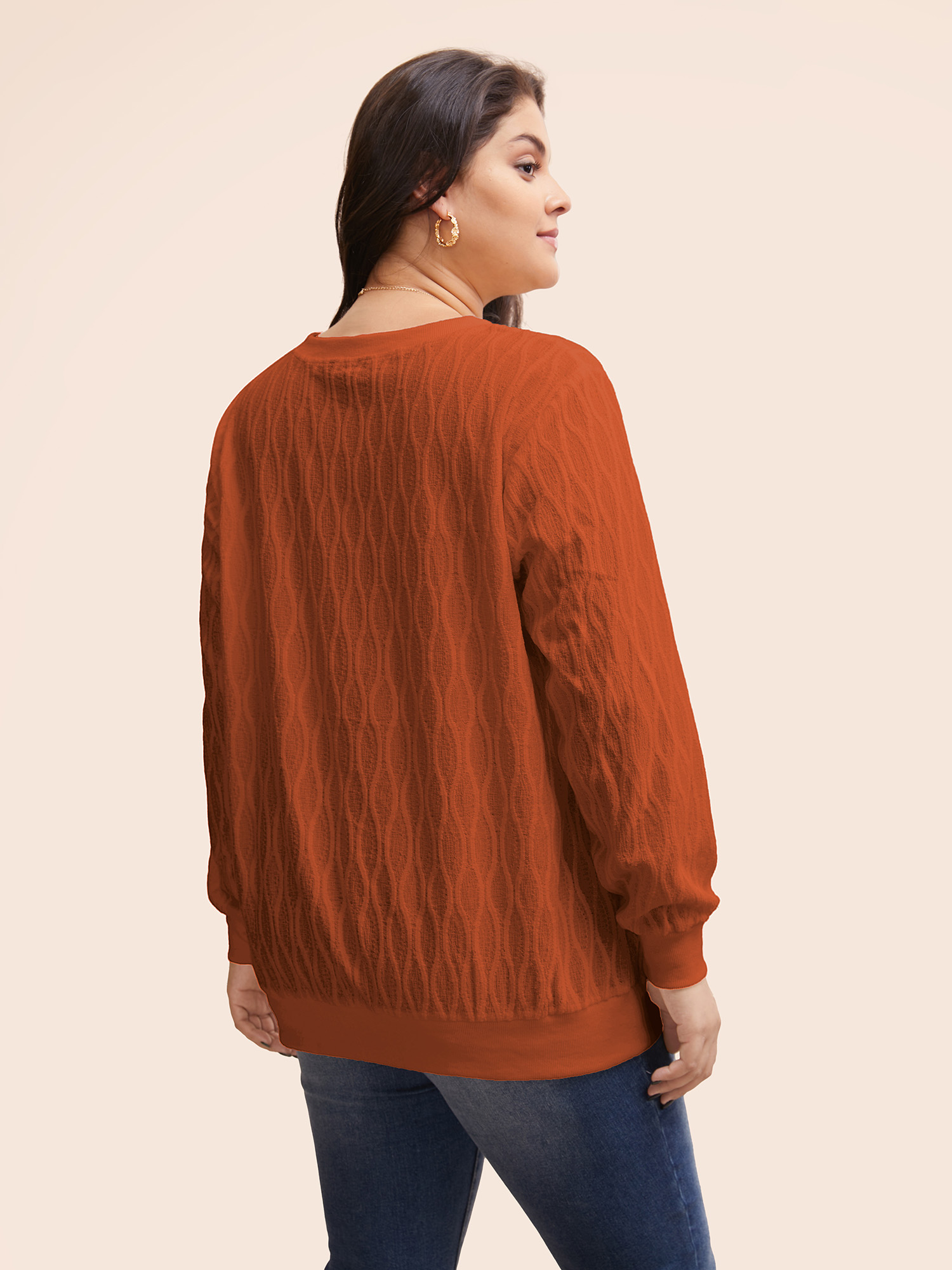 Plus Size Rib Knit Plain Elastic Cuffs Sweatshirt Women OrangeRed Elegant Non V-neck Everyday Sweatshirts BloomChic 28/5X 