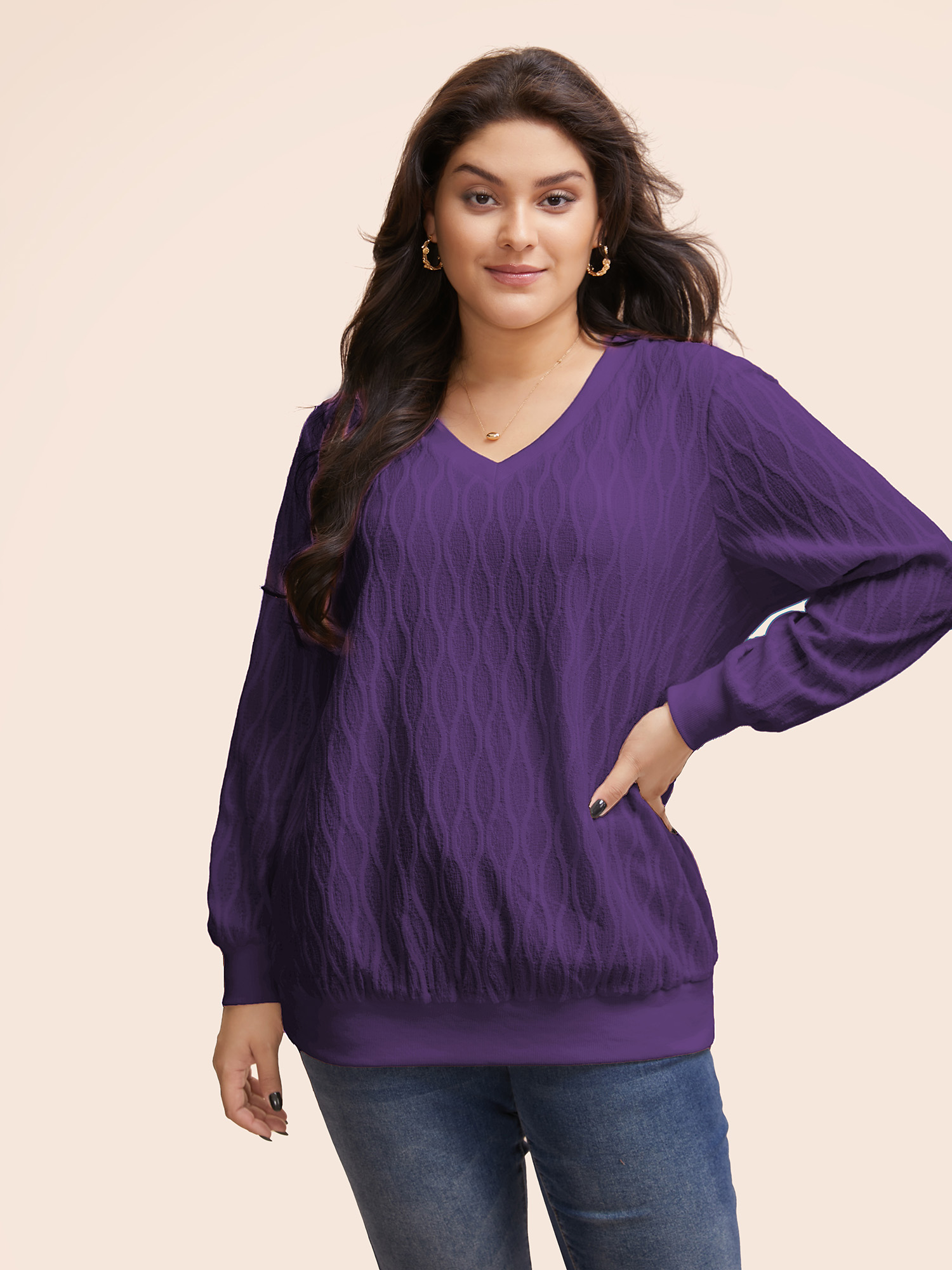 

Plus Size Rib Knit Plain Elastic Cuffs Sweatshirt Women Purple Elegant Non V-neck Everyday Sweatshirts BloomChic