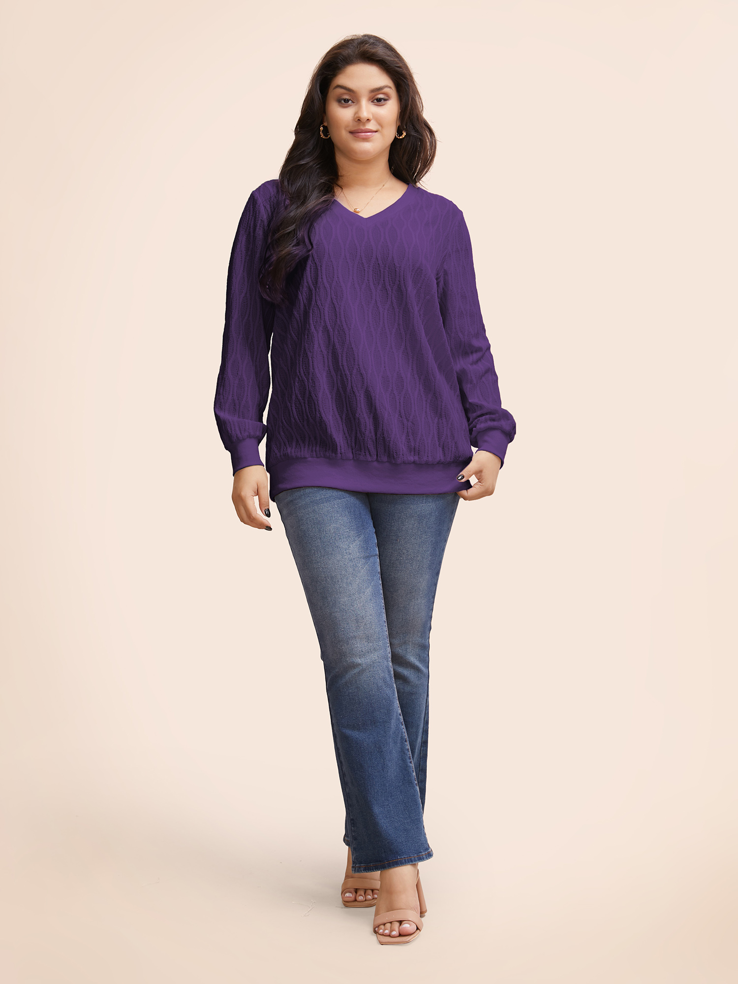 

Plus Size Rib Knit Plain Elastic Cuffs Sweatshirt Women Purple Elegant Non V-neck Everyday Sweatshirts BloomChic