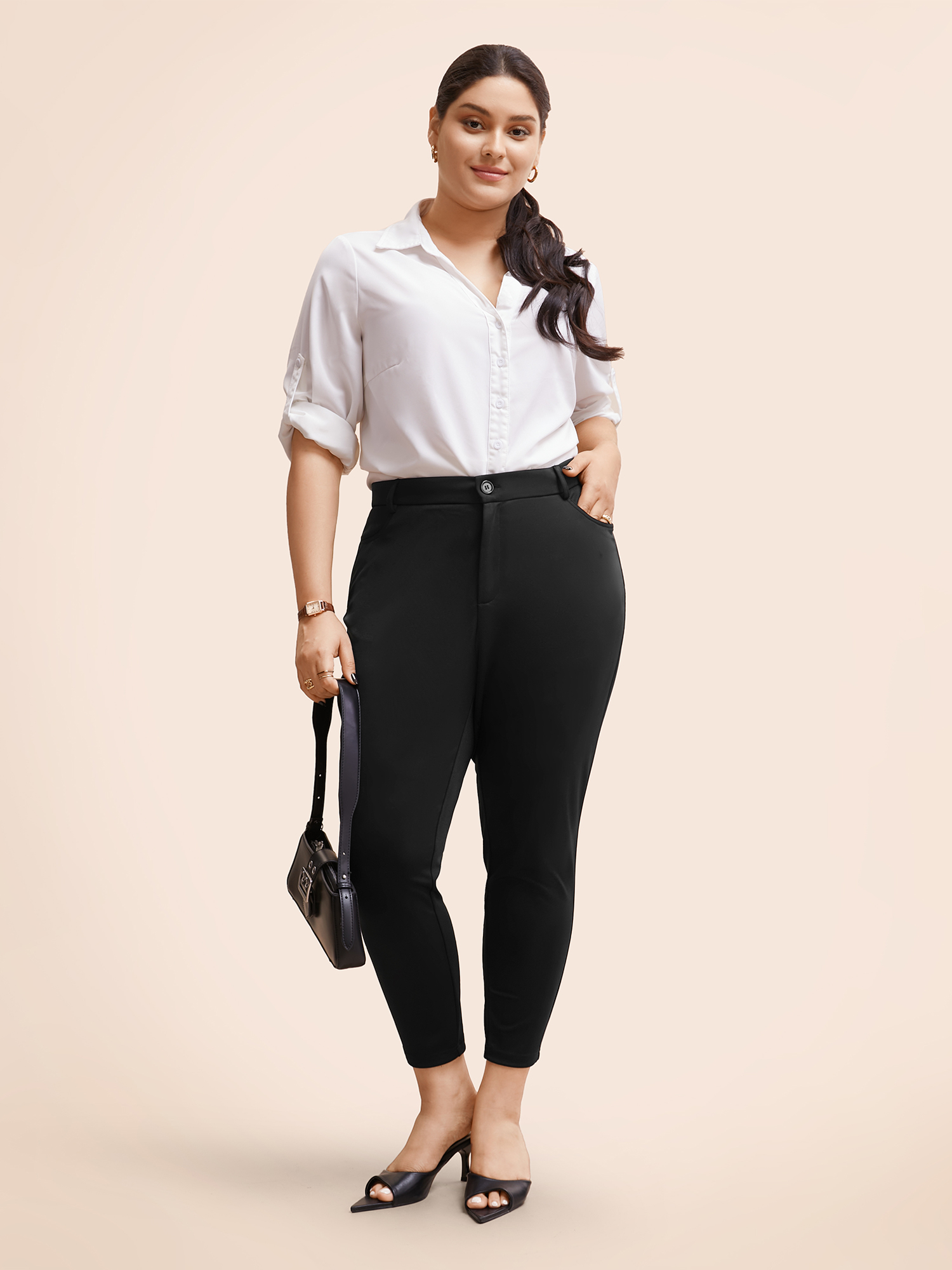 

Plus Size Stretchy-Fit Pocket Elastic Waist Pants Women Black At the Office Bodycon High Rise Work Pants BloomChic