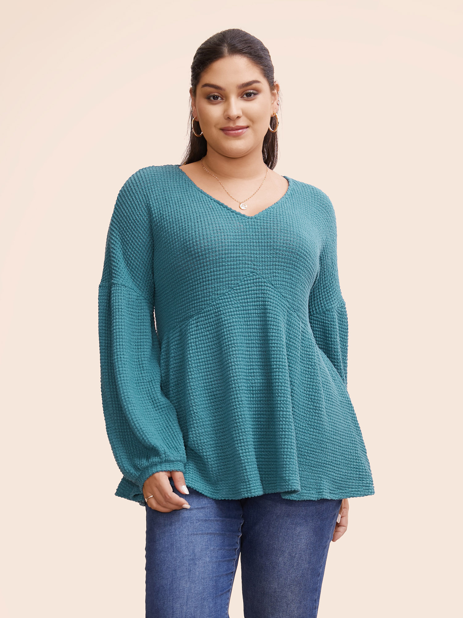 

Plus Size Waffle Knit Lantern Sleeve Flutter Hem Sweatshirt Women Cerulean Elegant Texture V-neck Dailywear Sweatshirts BloomChic