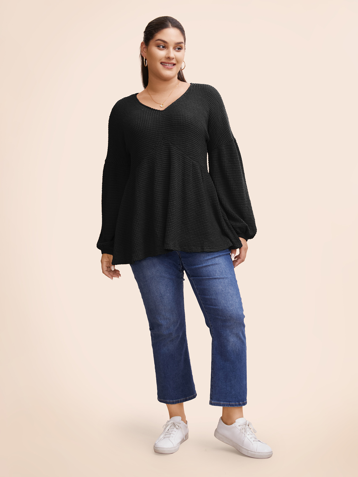 

Plus Size Waffle Knit Lantern Sleeve Flutter Hem Sweatshirt Women Black Elegant Texture V-neck Dailywear Sweatshirts BloomChic