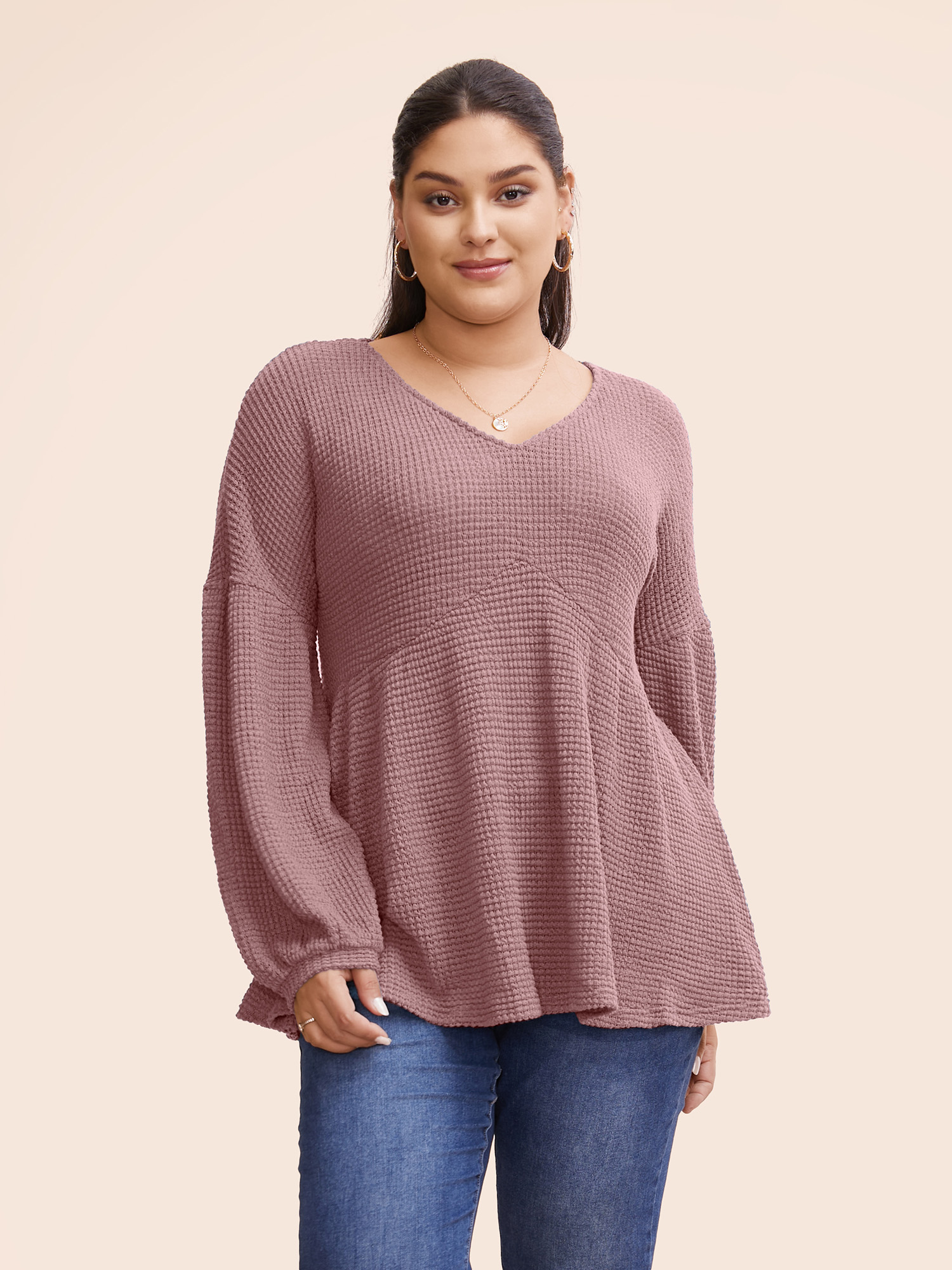 

Plus Size Waffle Knit Lantern Sleeve Flutter Hem Sweatshirt Women DustyPink Elegant Texture V-neck Dailywear Sweatshirts BloomChic