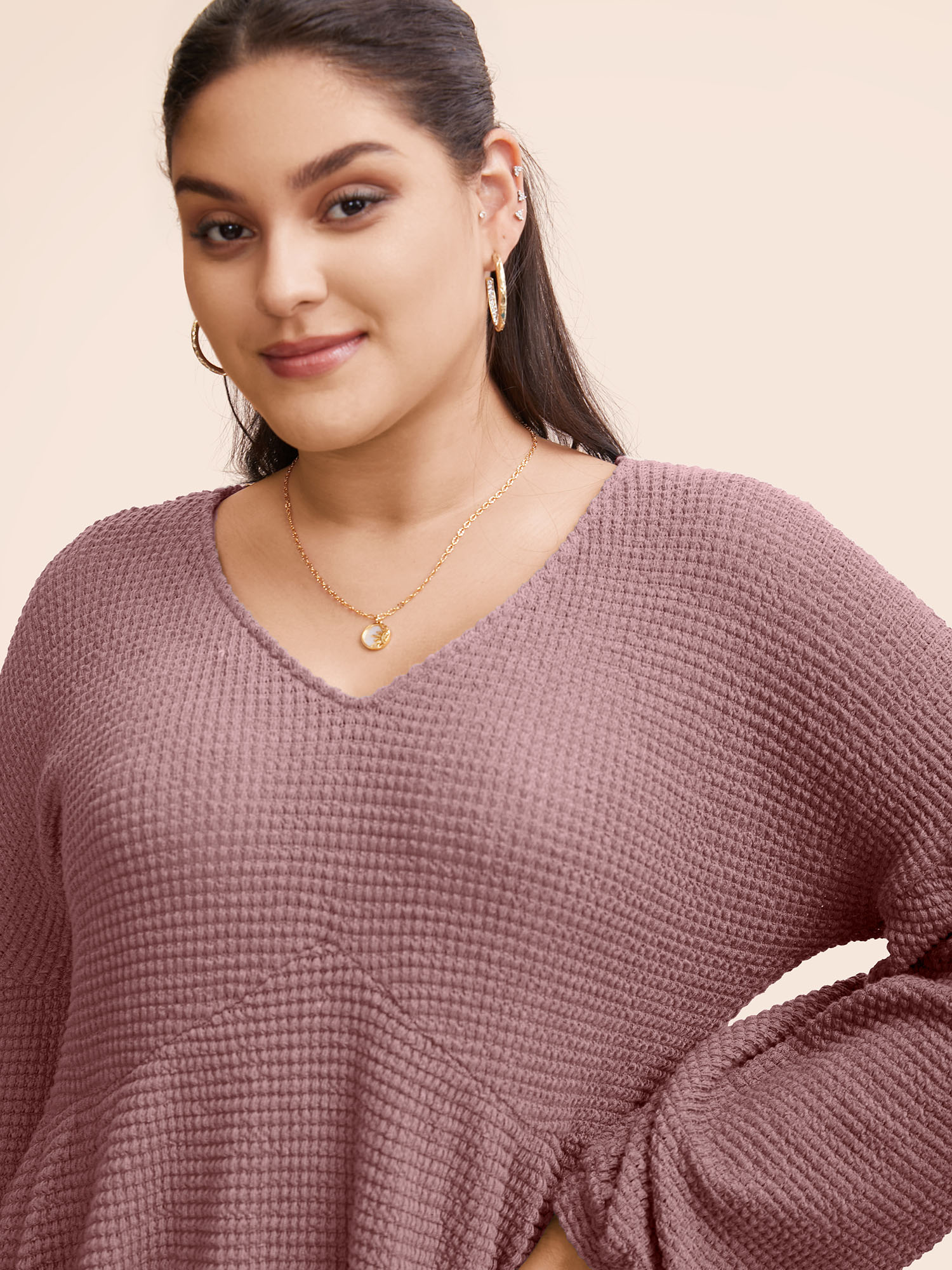 

Plus Size Waffle Knit Lantern Sleeve Flutter Hem Sweatshirt Women DustyPink Elegant Texture V-neck Dailywear Sweatshirts BloomChic