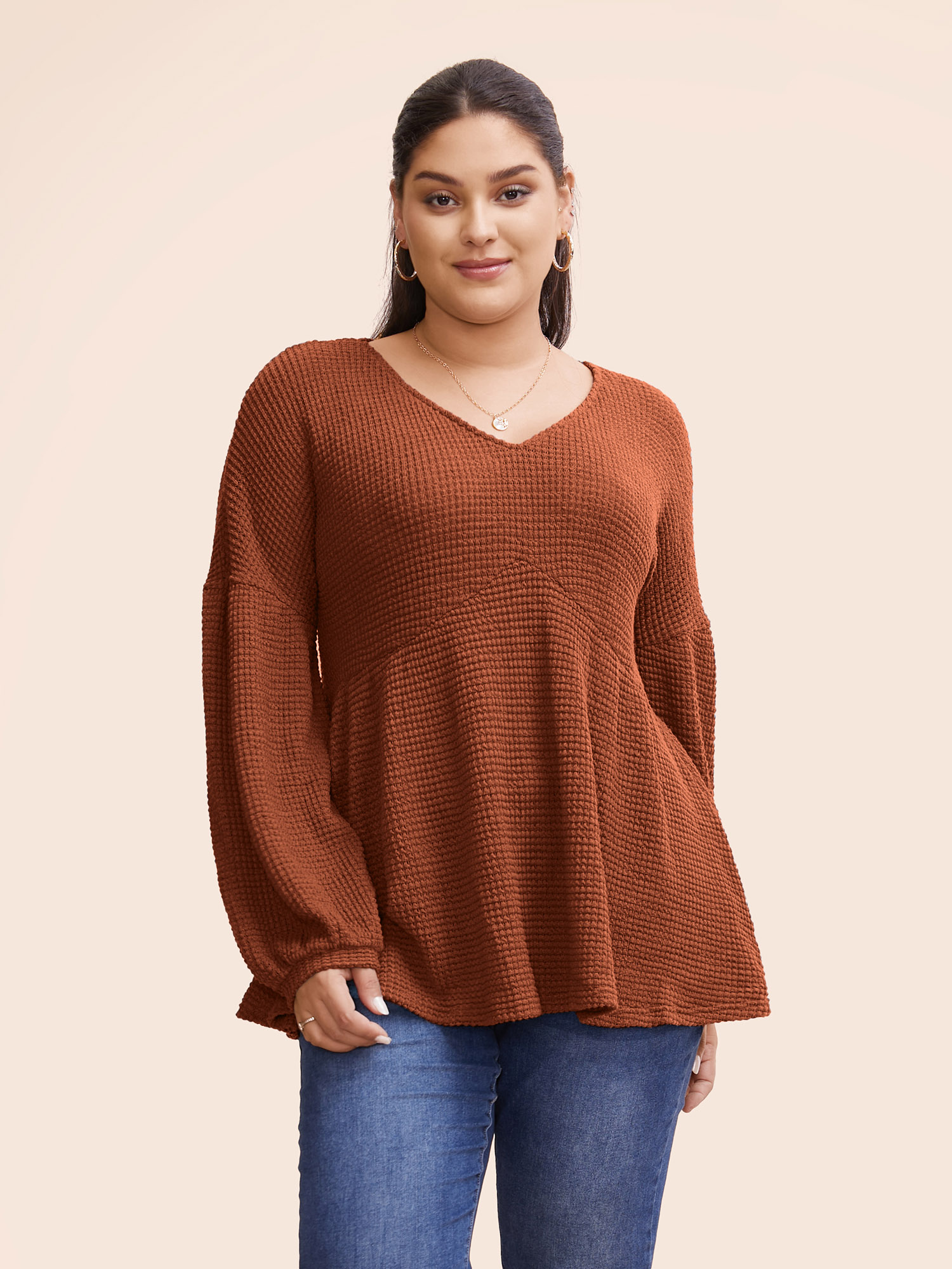 

Plus Size Waffle Knit Lantern Sleeve Flutter Hem Sweatshirt Women Chocolate Elegant Texture V-neck Dailywear Sweatshirts BloomChic