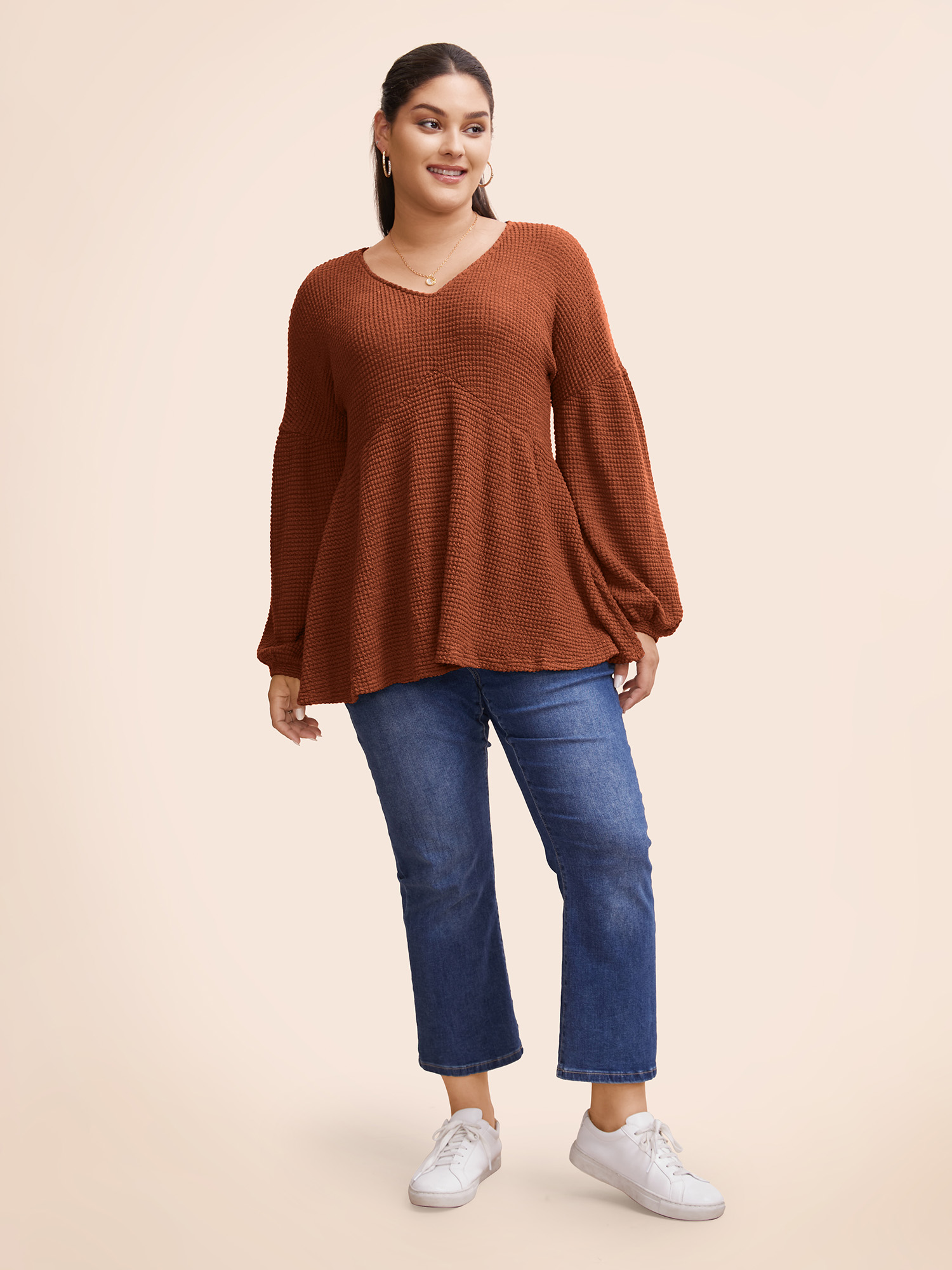 

Plus Size Waffle Knit Lantern Sleeve Flutter Hem Sweatshirt Women Chocolate Elegant Texture V-neck Dailywear Sweatshirts BloomChic