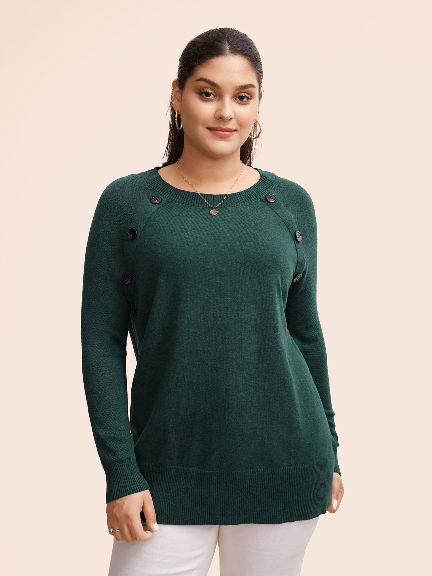 

Plus Size Supersoft Essentials Button Detail Raglan Sleeve Pullover DarkGreen Women Casual Long Sleeve Round Neck Dailywear Pullovers BloomChic