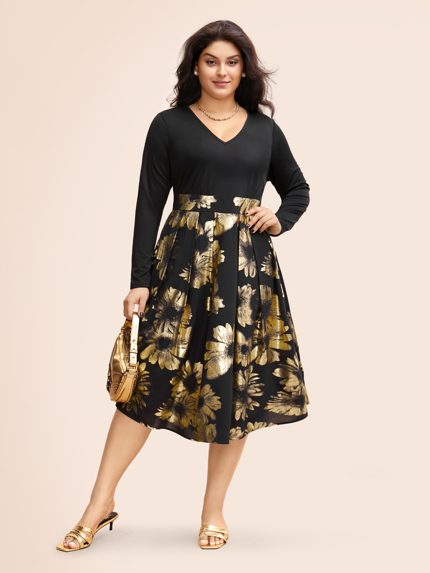 

Plus Size Brush Glitter Pocket Patchwork Dress Black Women Party Printed V-neck Long Sleeve Curvy Midi Dress BloomChic