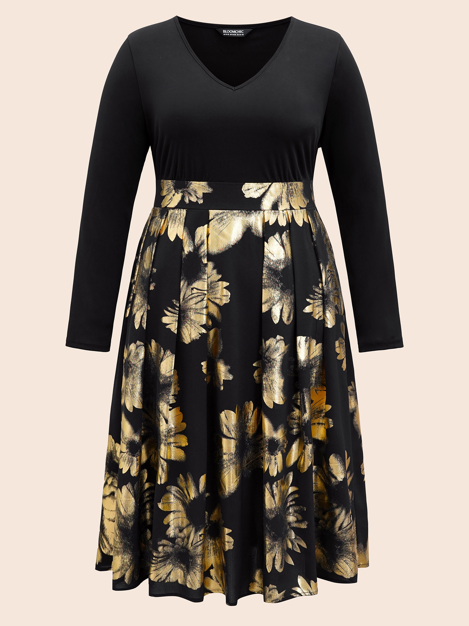 Plus Size Brush Glitter Pocket Patchwork Dress Black Women Party Printed V-neck Long Sleeve Curvy Midi Dress BloomChic 26/4X 