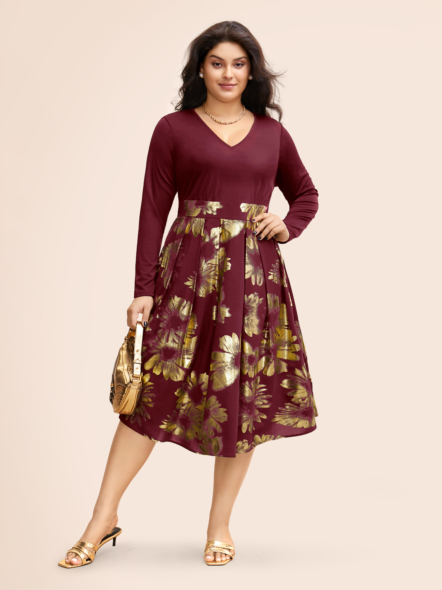 

Plus Size Brush Glitter Pocket Patchwork Dress Burgundy Women Party Printed V-neck Long Sleeve Curvy Midi Dress BloomChic