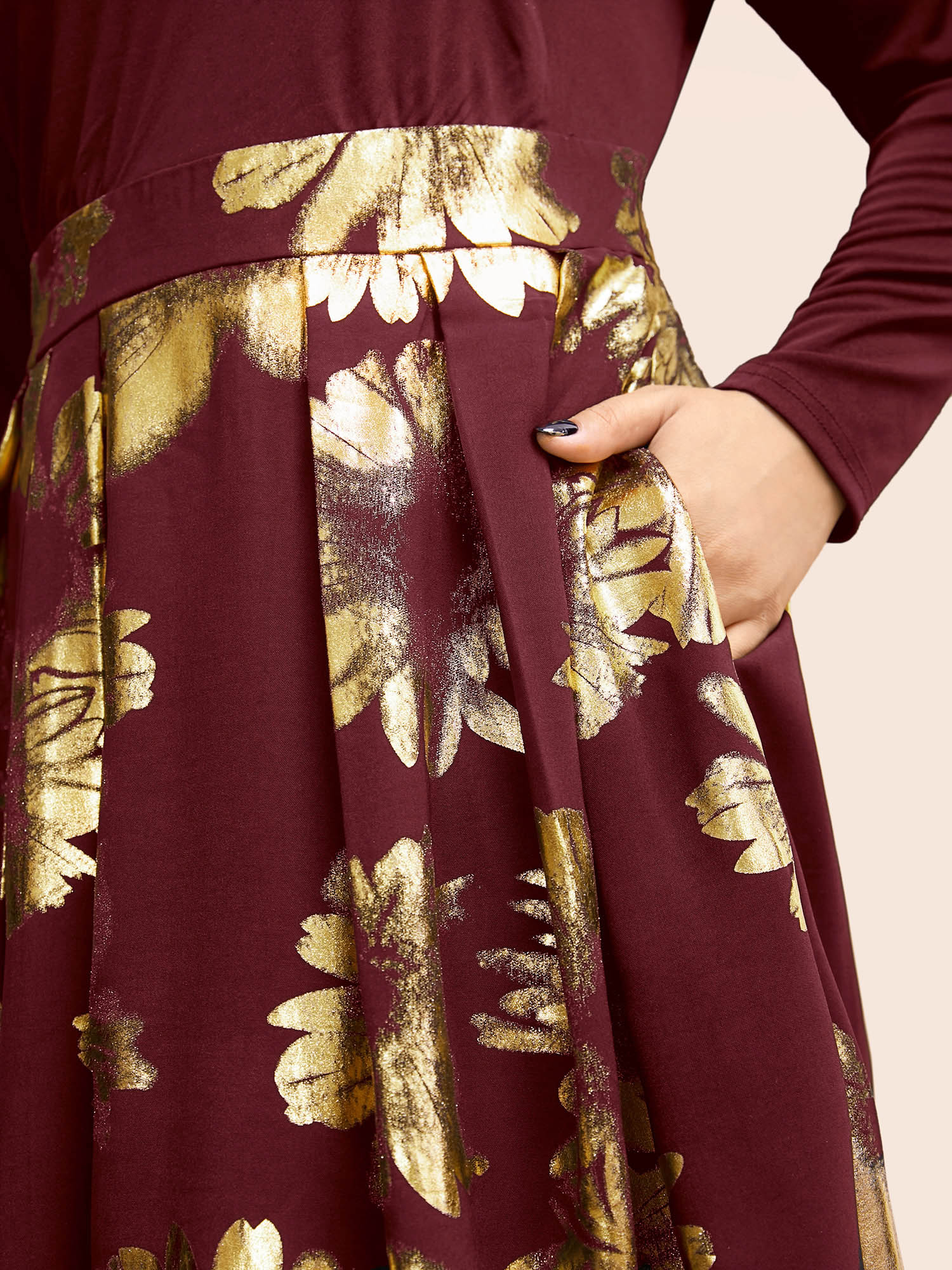 

Plus Size Brush Glitter Pocket Patchwork Dress Burgundy Women Party Printed V-neck Long Sleeve Curvy Midi Dress BloomChic