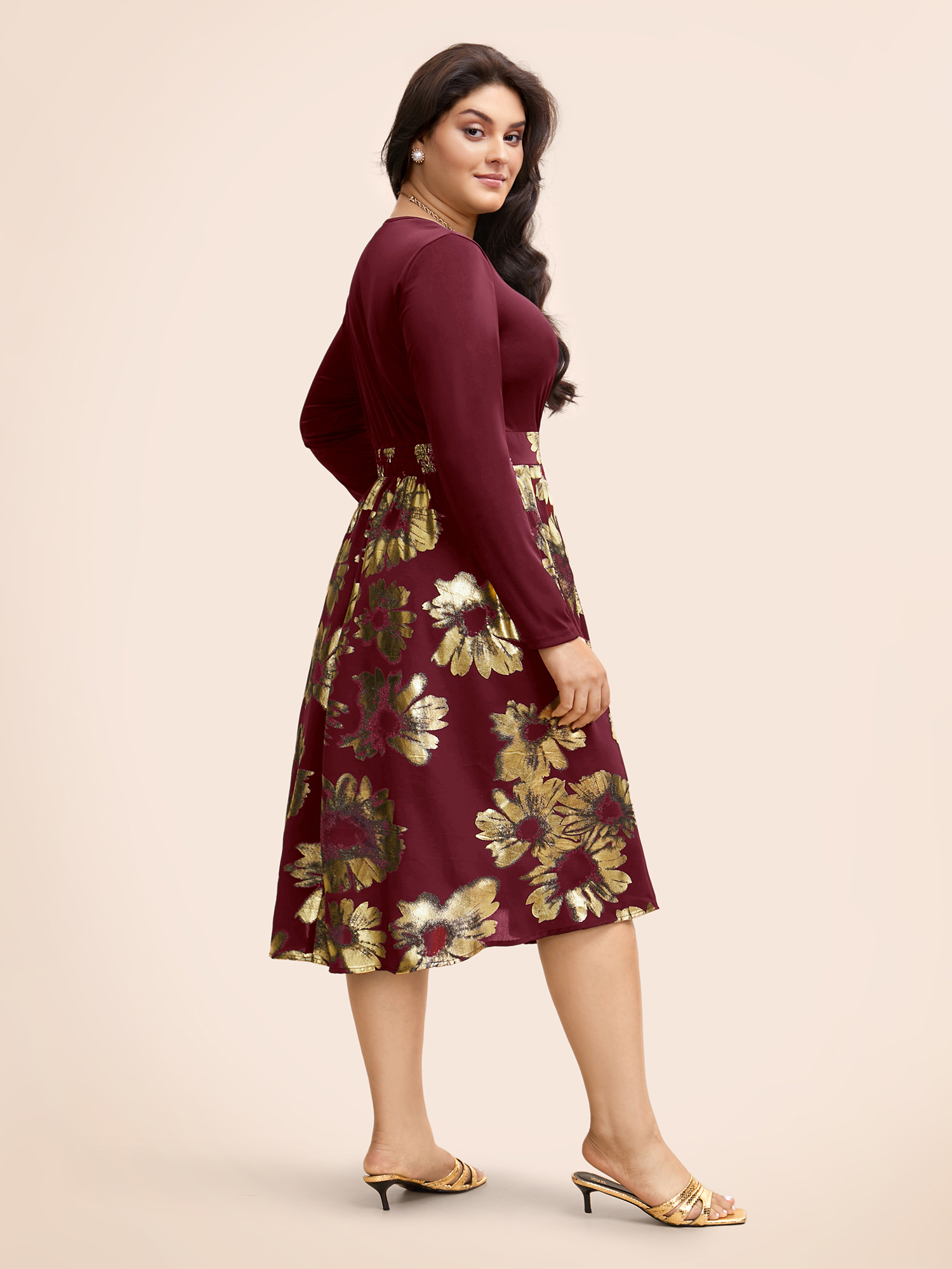 

Plus Size Brush Glitter Pocket Patchwork Dress Burgundy Women Party Printed V-neck Long Sleeve Curvy Midi Dress BloomChic