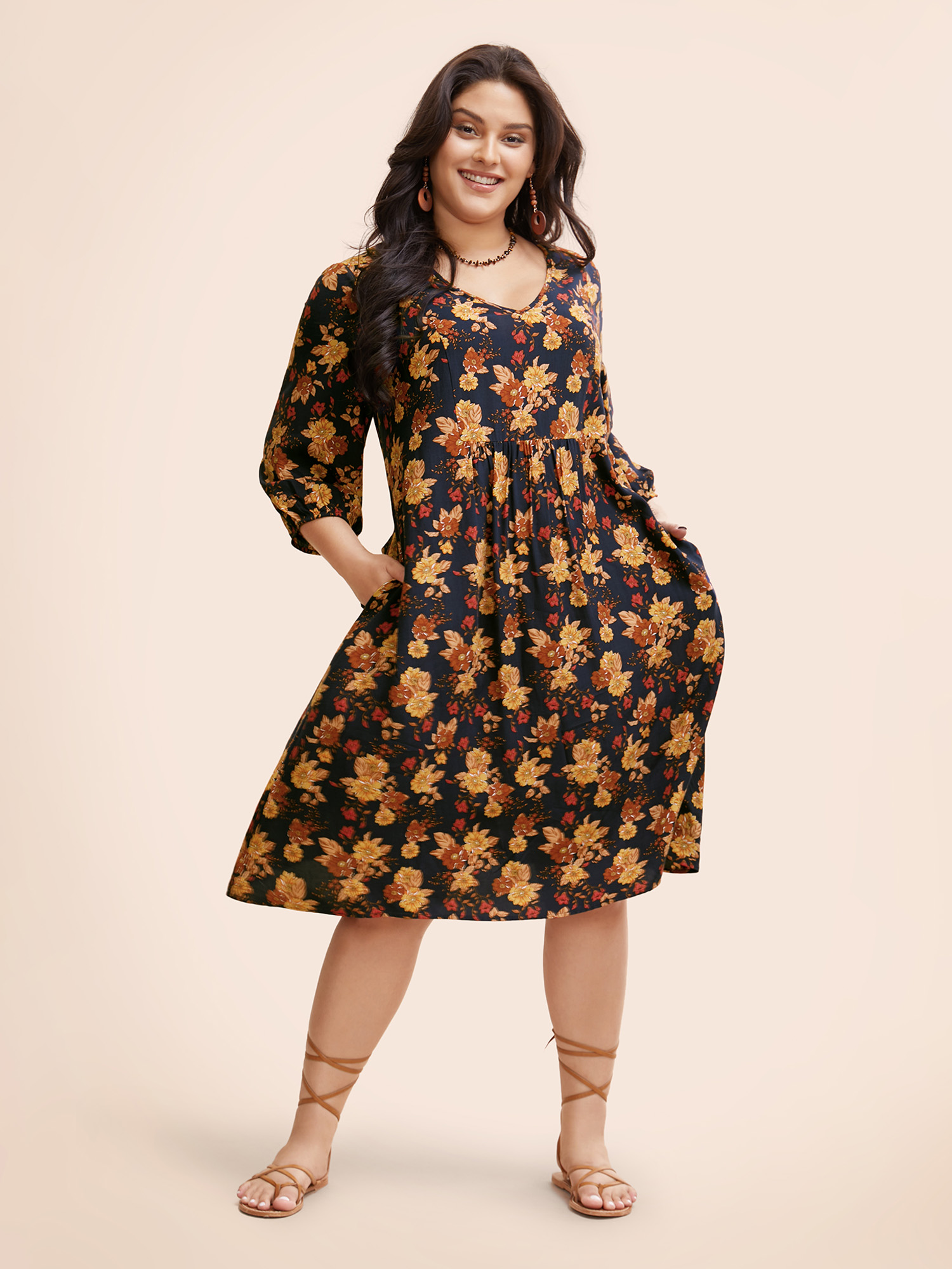 Plus Size Supersoft Essentials Floral Print Pocket V Neck Dress Black Women Resort Elastic cuffs V-neck Elbow-length sleeve Curvy Midi Dress BloomChic 18-20/2X 