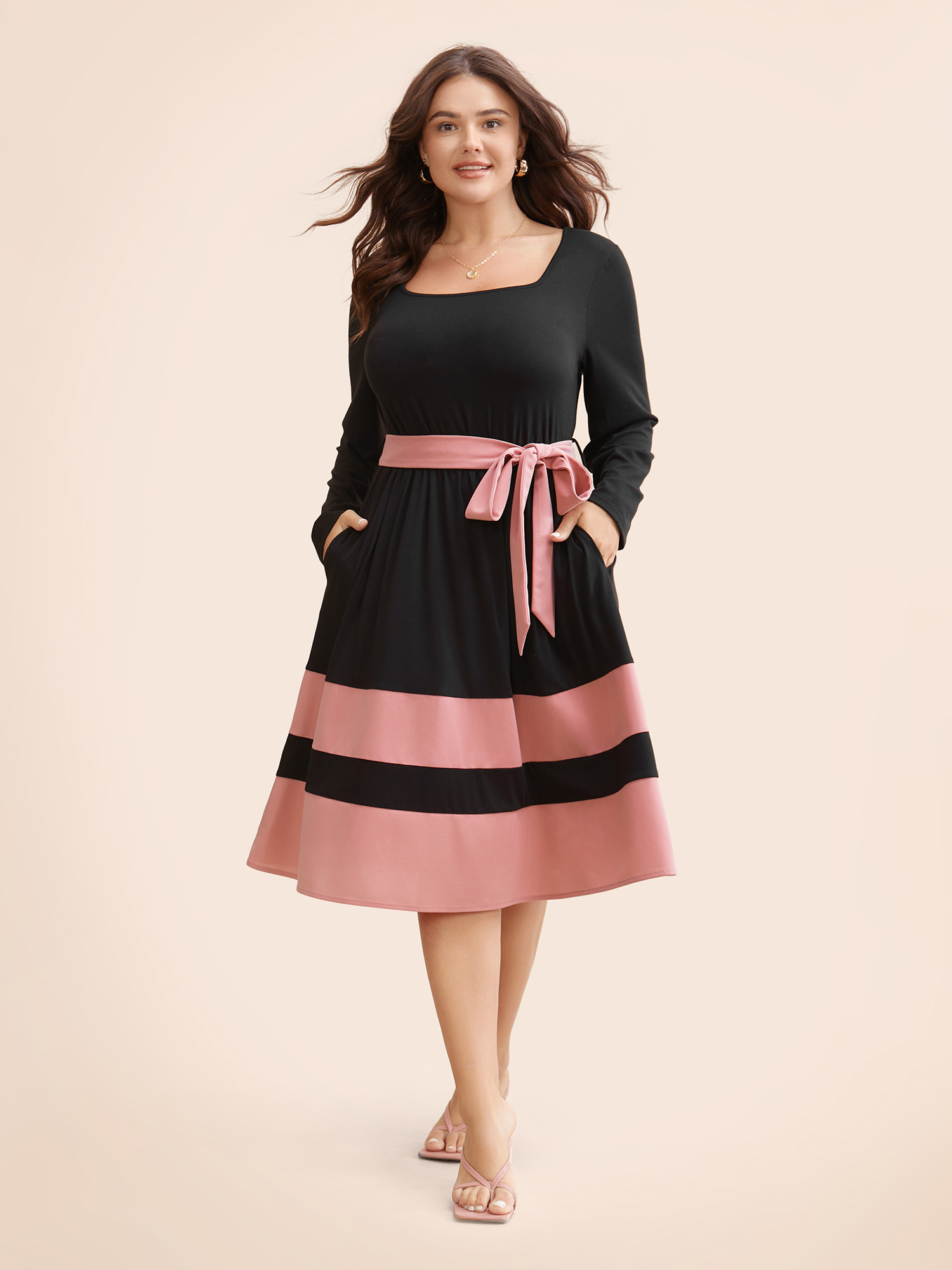 

Plus Size Two Tone Belted Bowknot Square Neck Dress Black Women Elegant Non Square Neck Long Sleeve Curvy Knee Dress BloomChic