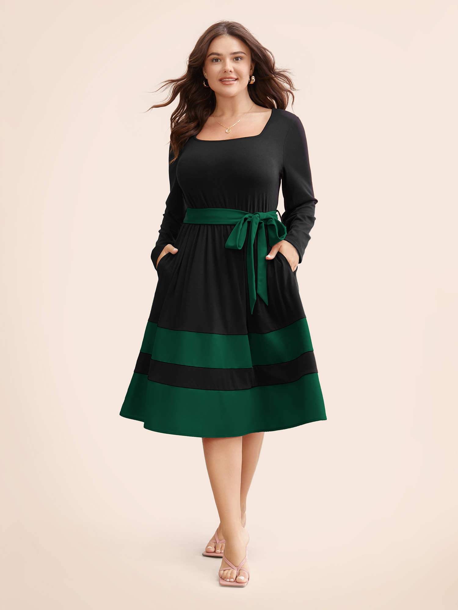 

Plus Size Two Tone Belted Bowknot Square Neck Dress DarkGreen Women Elegant Non Square Neck Long Sleeve Curvy Knee Dress BloomChic