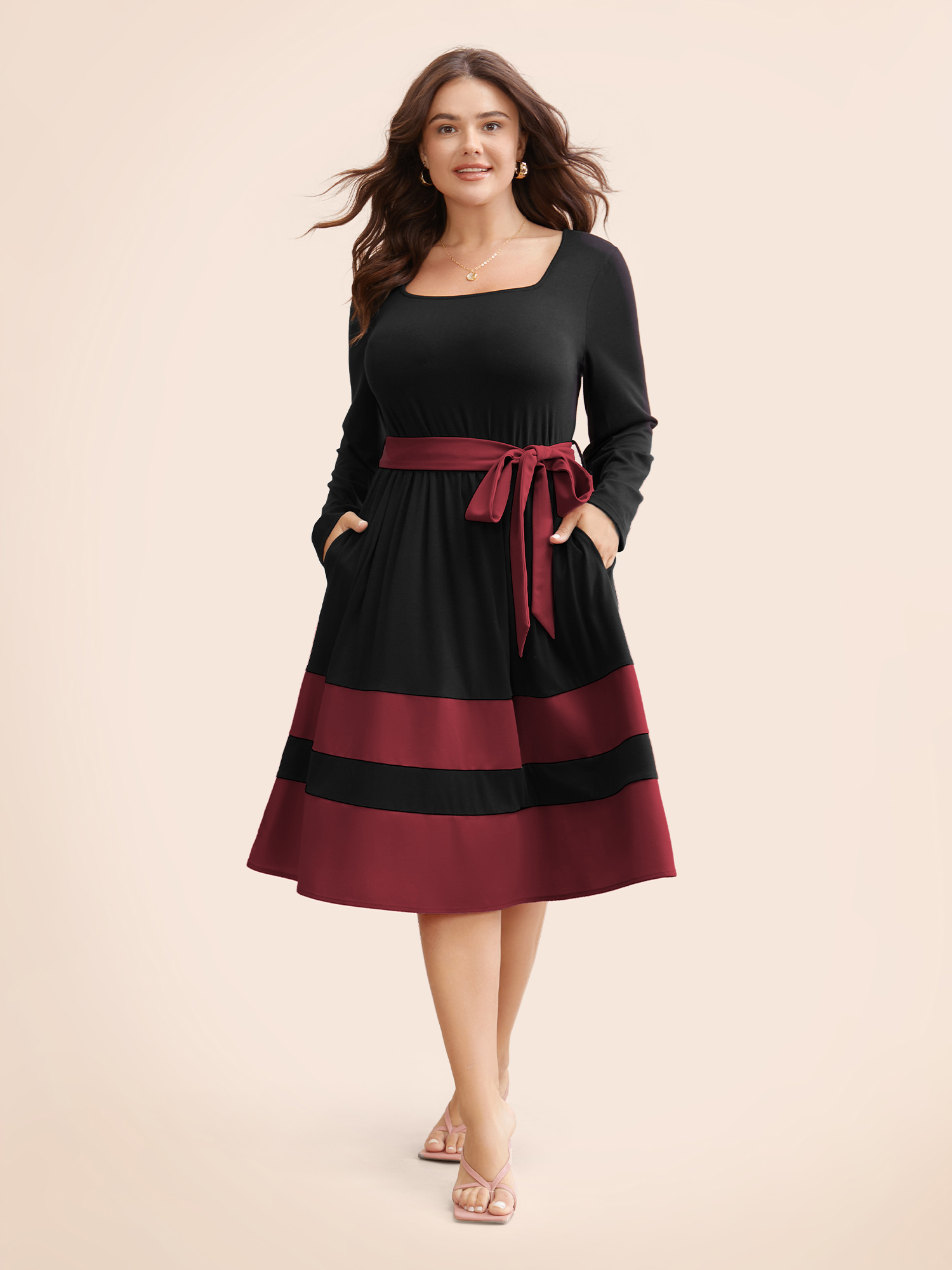 

Plus Size Two Tone Belted Bowknot Square Neck Dress Burgundy Women Elegant Non Square Neck Long Sleeve Curvy Knee Dress BloomChic