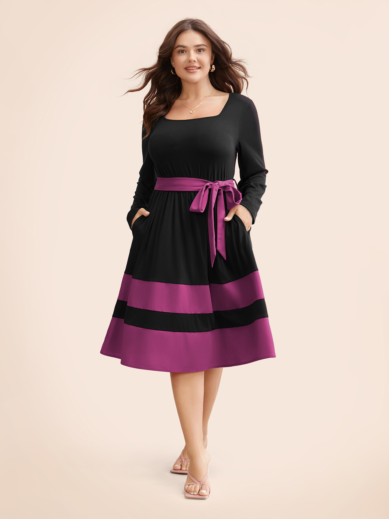 

Plus Size Two Tone Belted Bowknot Square Neck Dress RedViolet Women Elegant Non Square Neck Long Sleeve Curvy Knee Dress BloomChic