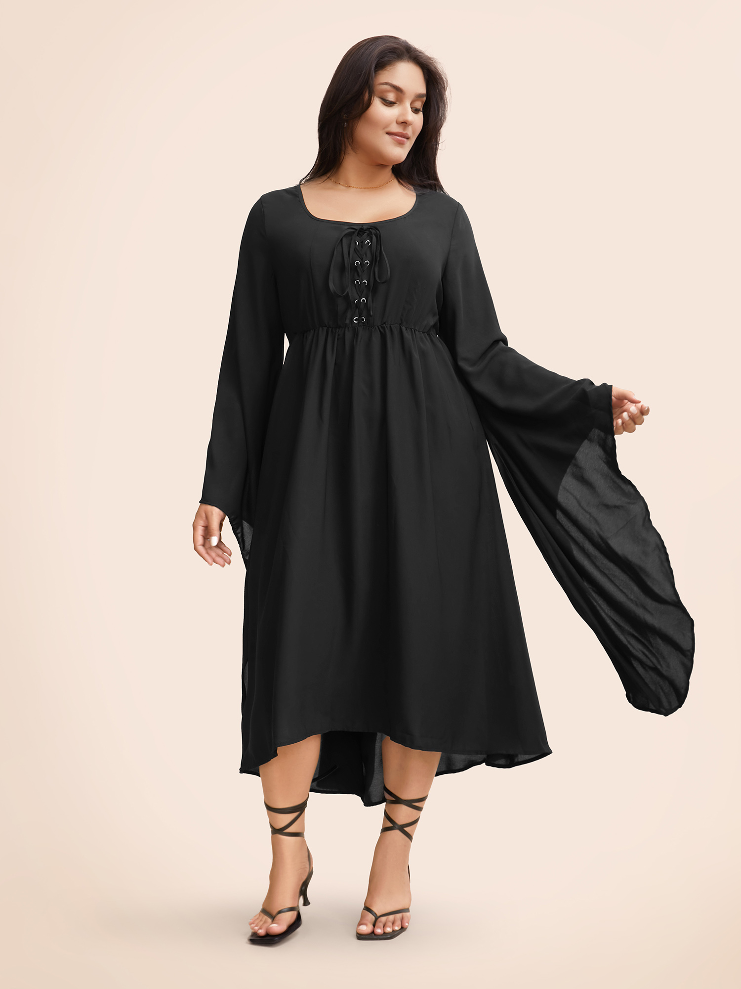 

Plus Size Solid Bell Sleeve Pocket Ties High Low Hem Dress Black Women Elegant Non V-neck Long Sleeve Curvy Midi Dress BloomChic