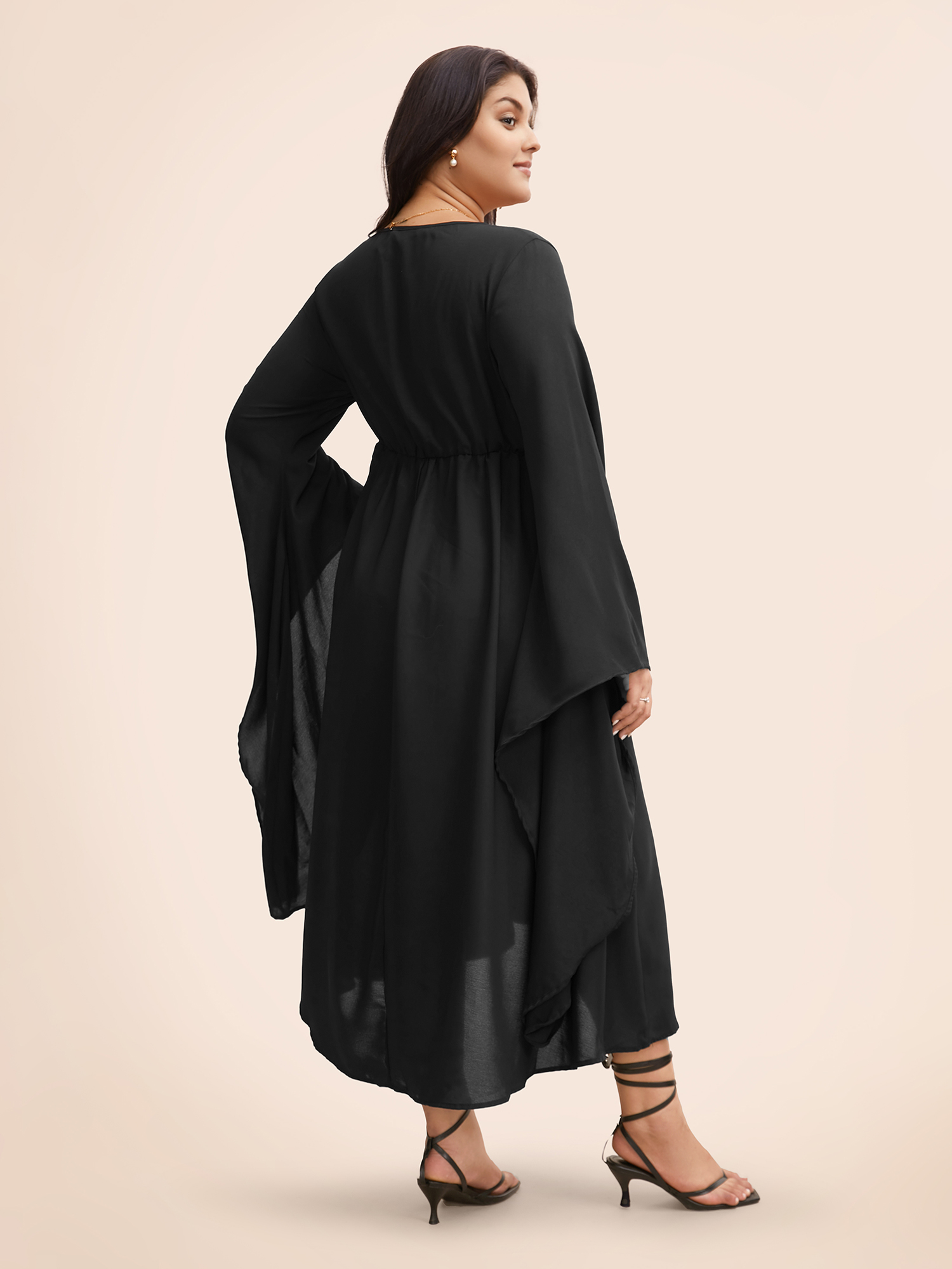 

Plus Size Solid Bell Sleeve Pocket Ties High Low Hem Dress Black Women Elegant Non V-neck Long Sleeve Curvy Midi Dress BloomChic