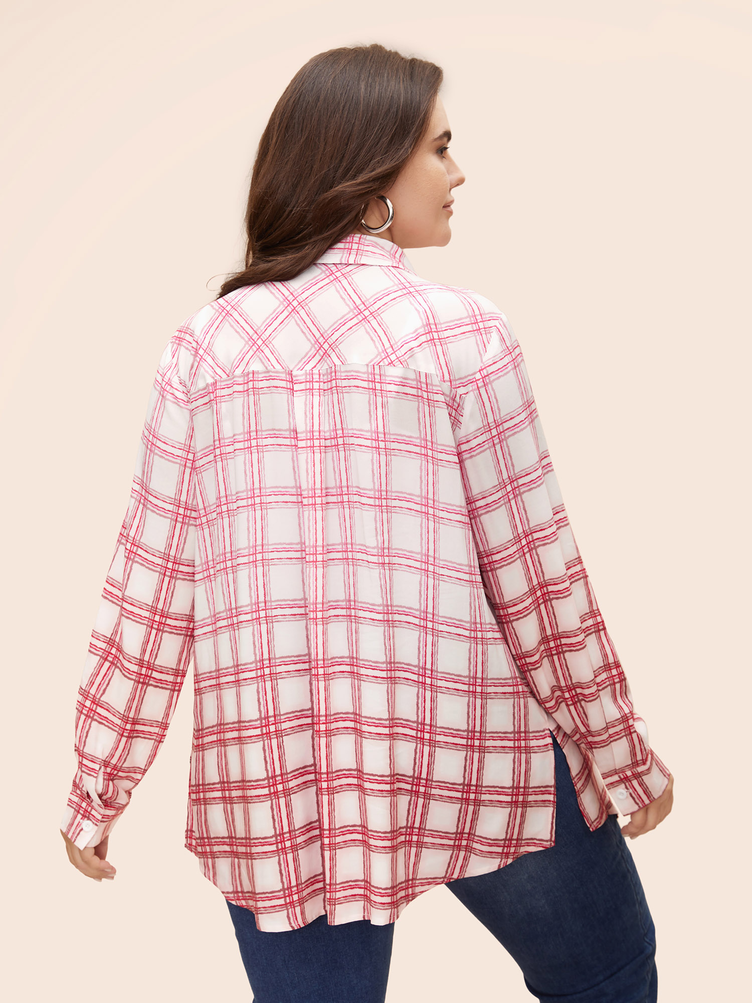 Plus Size Multicolor Plaid Pleated Button Down Blouse Women Casual Extra Long Sleeve Shirt collar Everyday Blouses BloomChic 10/M 