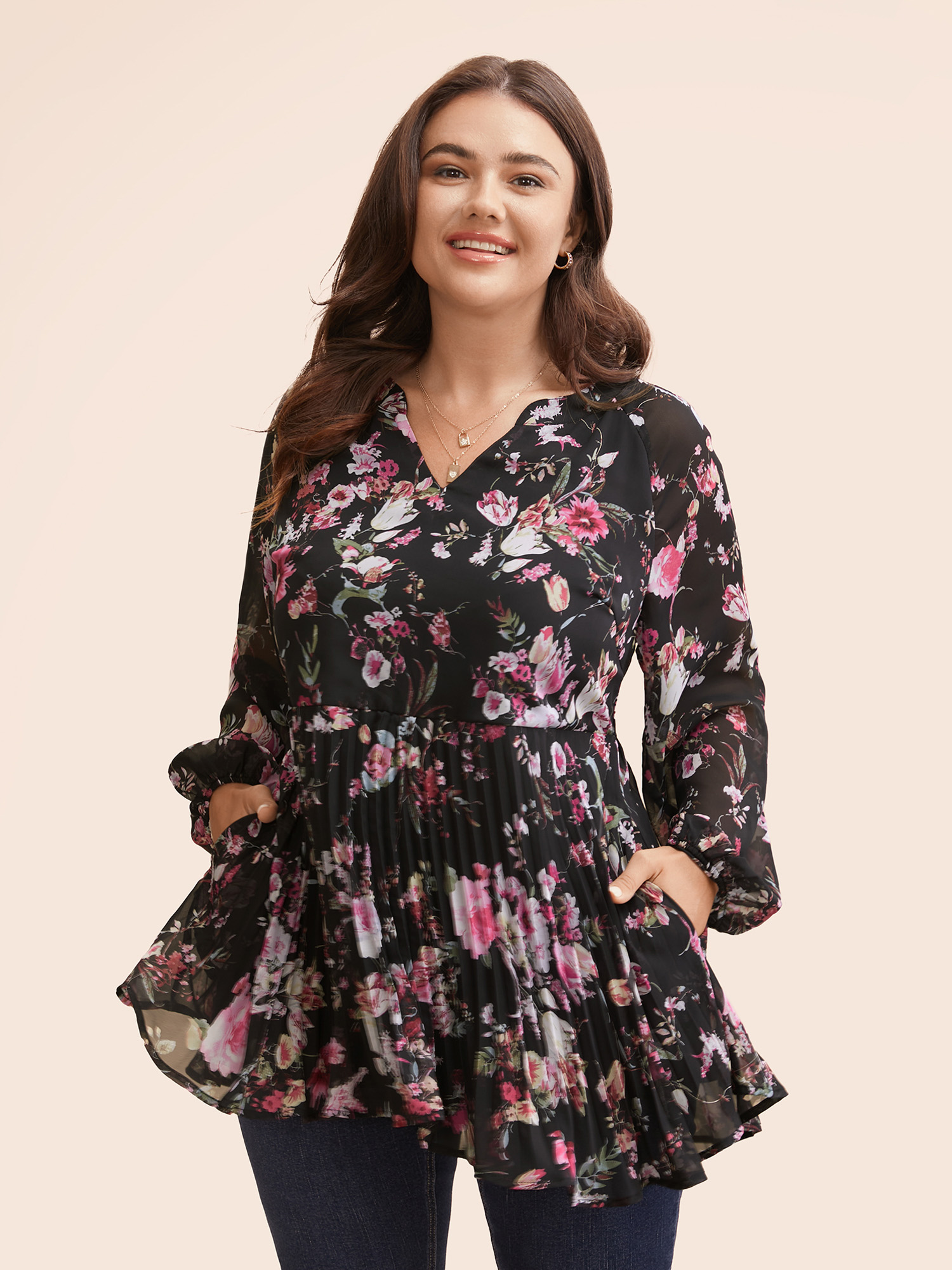 

Plus Size Black Chiffon Floral Pleated Pocket Blouse Women Elegant Long Sleeve Flat collar with V-notch Everyday Blouses BloomChic