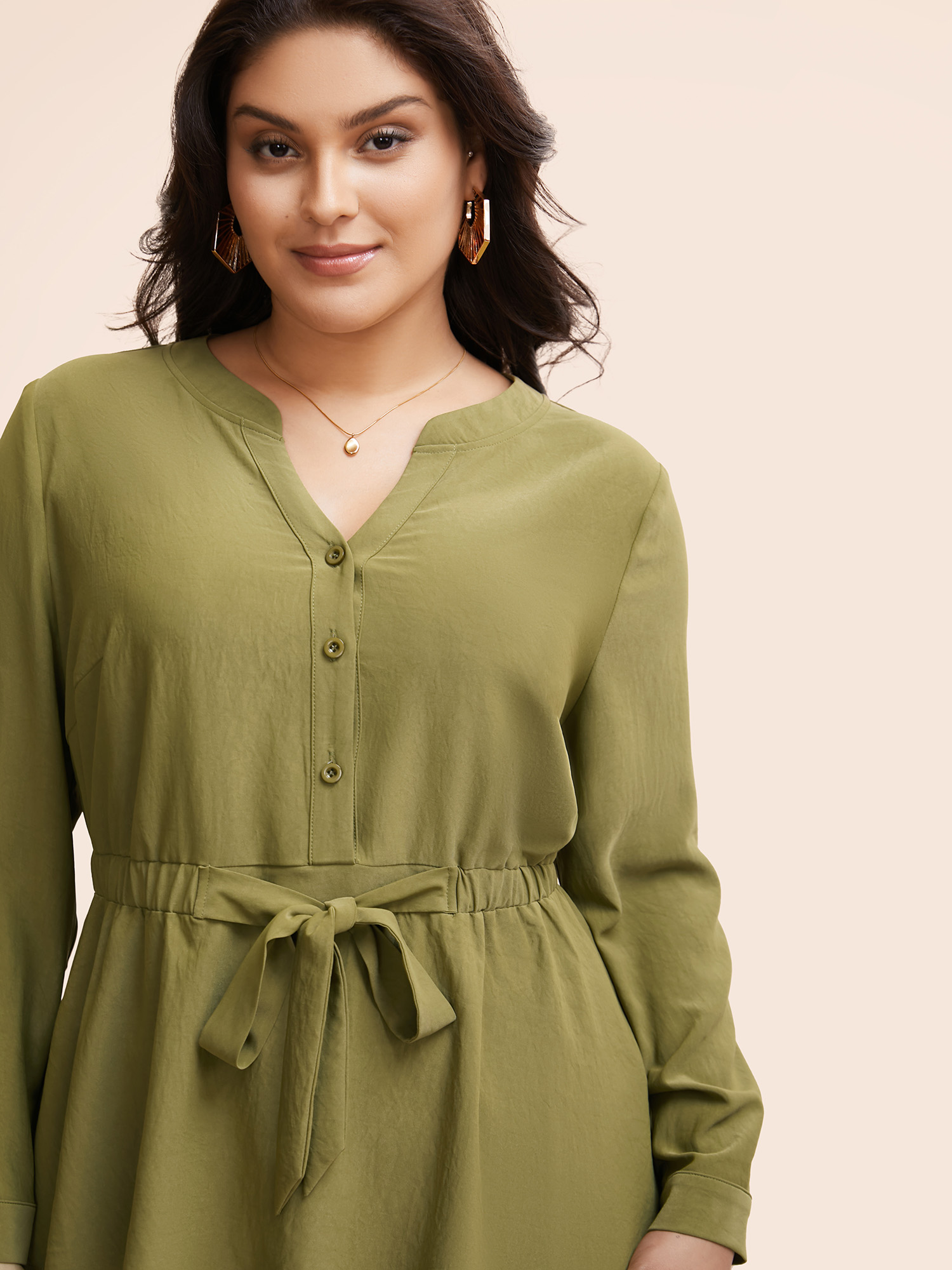 

Plus Size Sage Notched Button Up Tie Knot Blouse Women Elegant Long Sleeve Flat collar with V-notch Everyday Blouses BloomChic