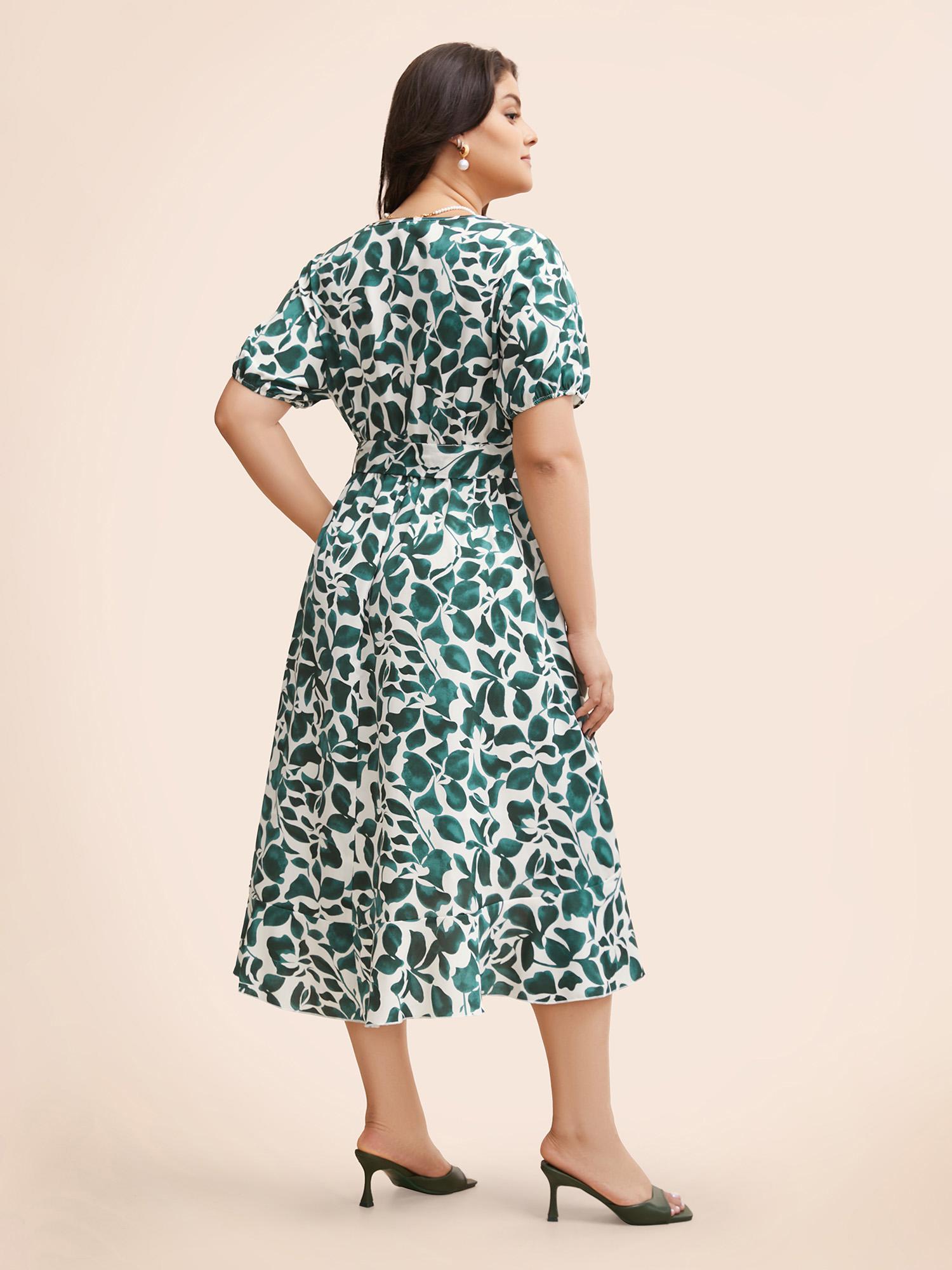 

Plus Size Overlap Collar Silhouette Floral Print Ruffles Dress Emerald Women Elegant Gathered Overlap Collar Short sleeve Curvy BloomChic