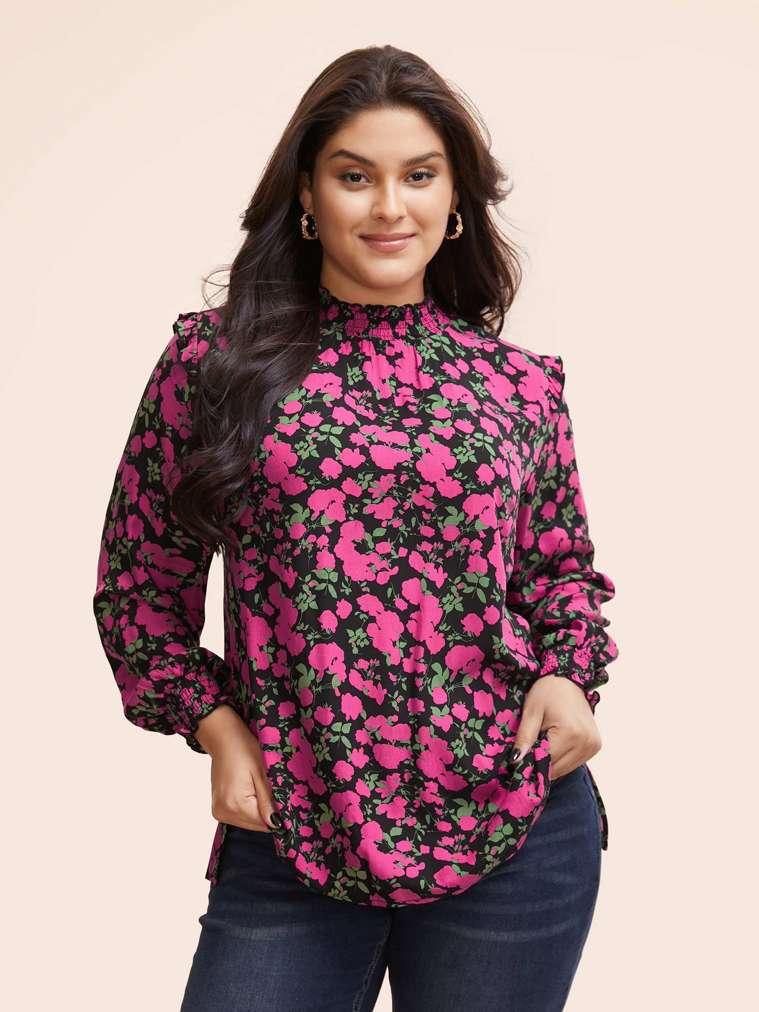 

Plus Size Black Floral Wrap Collar Ruffle Trim Blouse Women Elegant Long Sleeve Wrap collar Everyday Blouses BloomChic