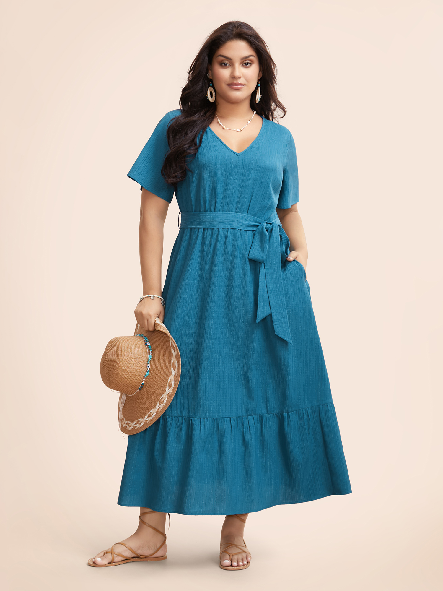 

Plus Size Textured V Neck Belted Ruffle Hem Dress Cerulean Women Resort Belted V-neck Short sleeve Curvy BloomChic