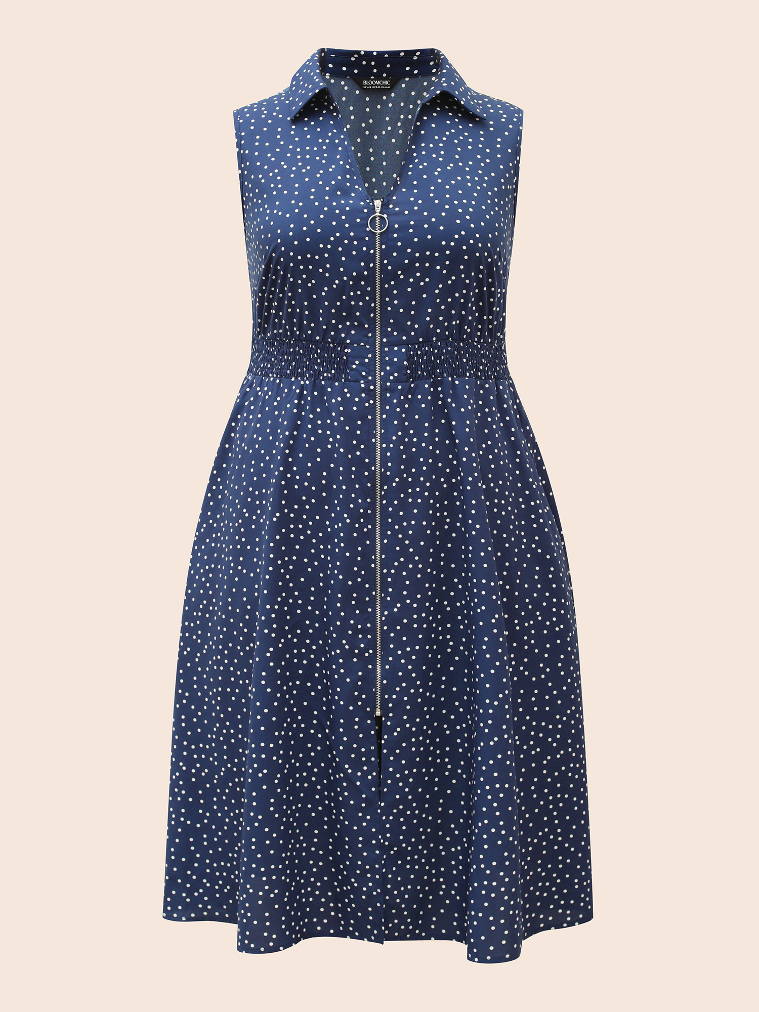 

Plus Size Polka Dot Zipper Split Front Sleeveless Dress Indigo Women Elegant Slit V-neck Sleeveless Curvy BloomChic